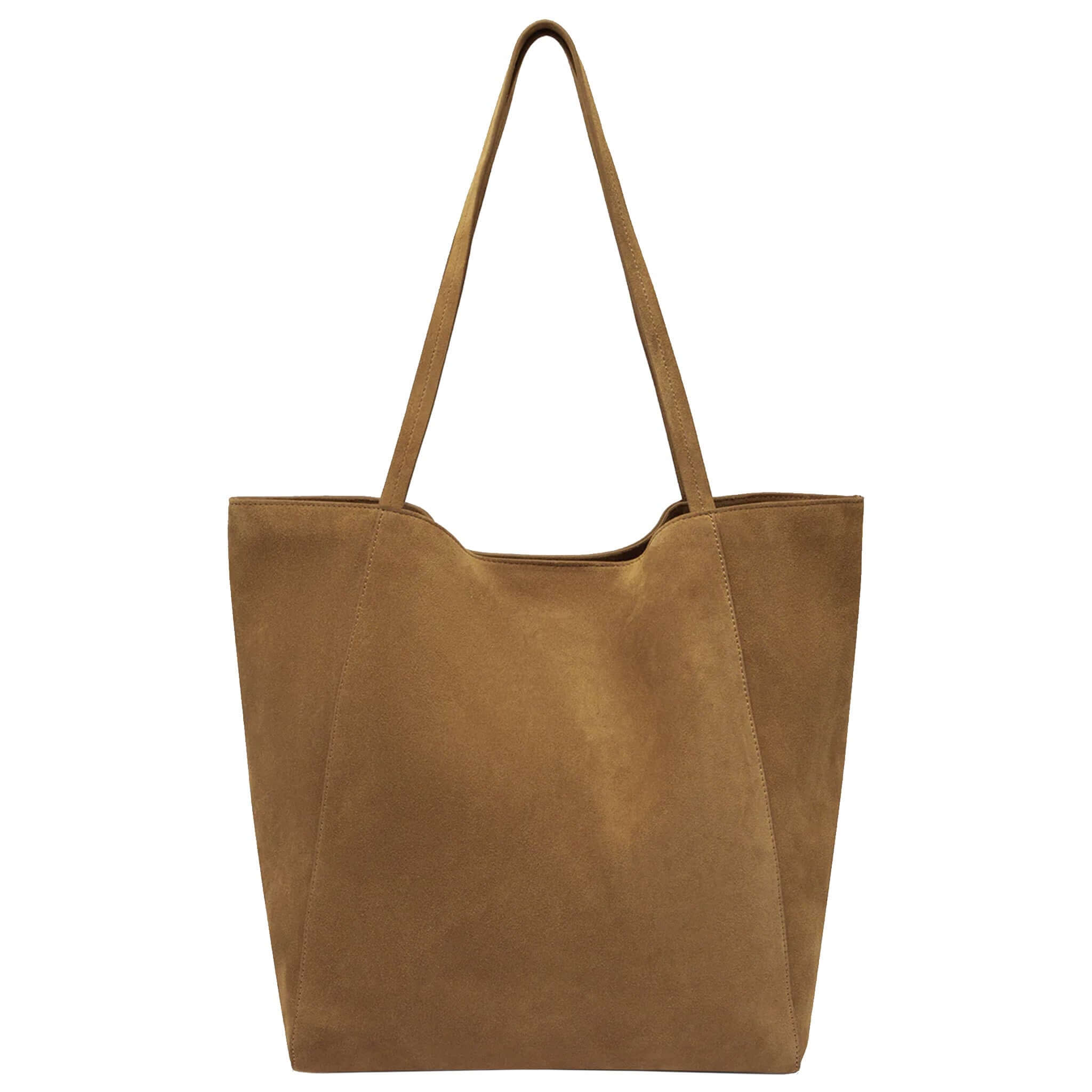 Alt Tag: Assembly Label Paige Suede Tote Bag - Tan, 100% suede unstructured shoulder tote with slim straps and magnetic closure