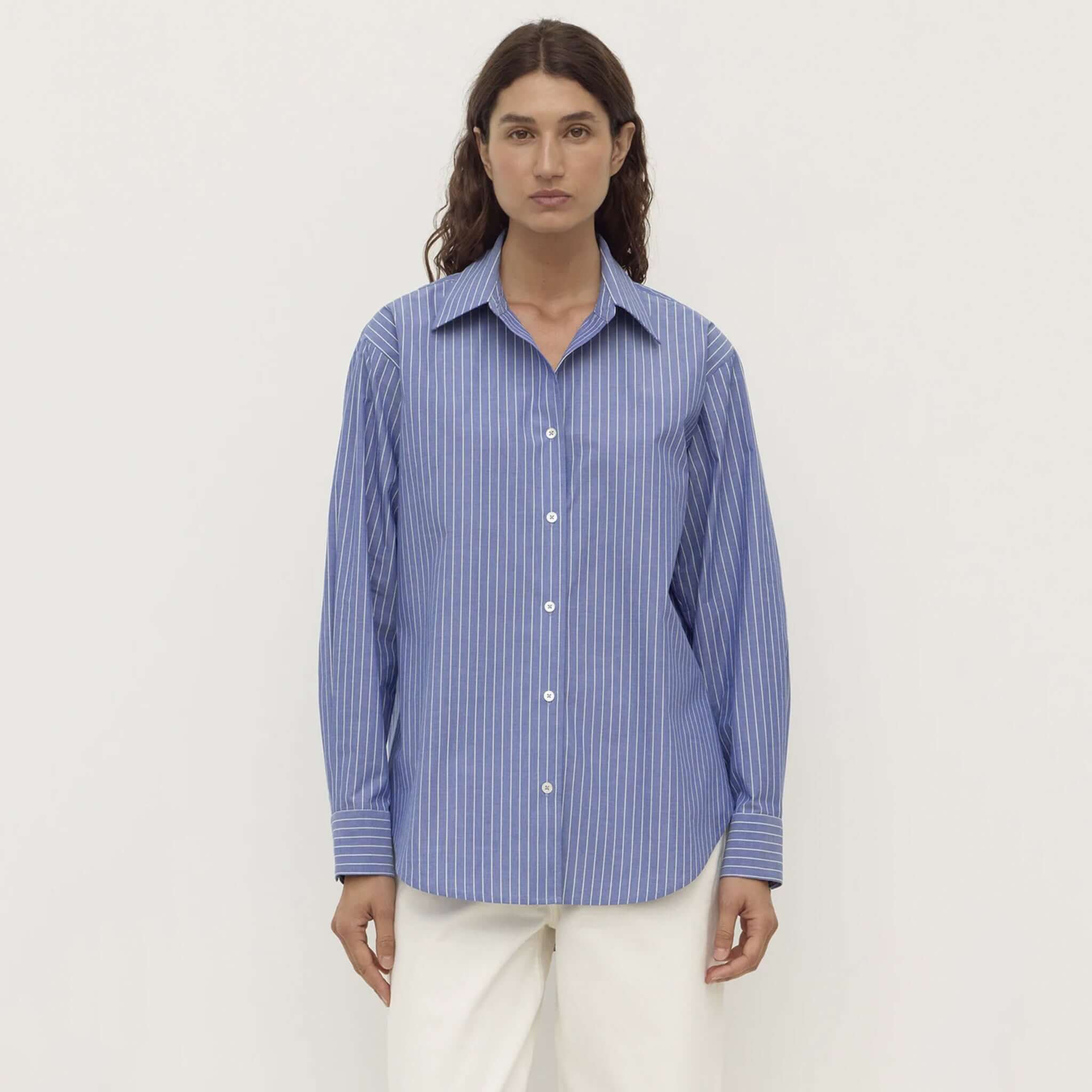 Assembly Label Anais Stripe Long Sleeve Shirt - Blue & White Stripe on model, 100% cotton tailored button-up with collar