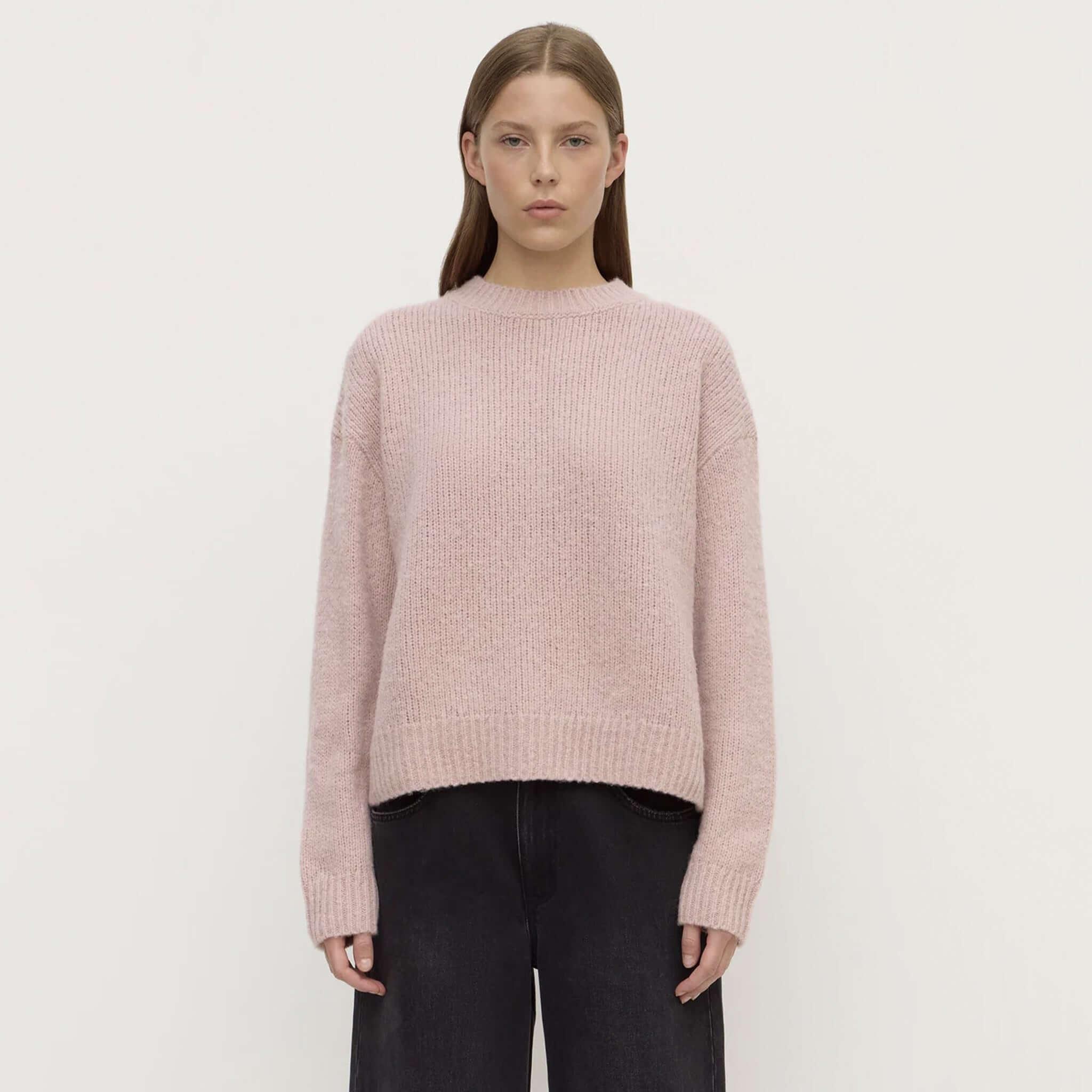 Assembly Label Ariel Alpaca & Wool Knit Jersey - Blush soft pink crew neck alpaca wool knit sweater with ribbed cuffs and hem
