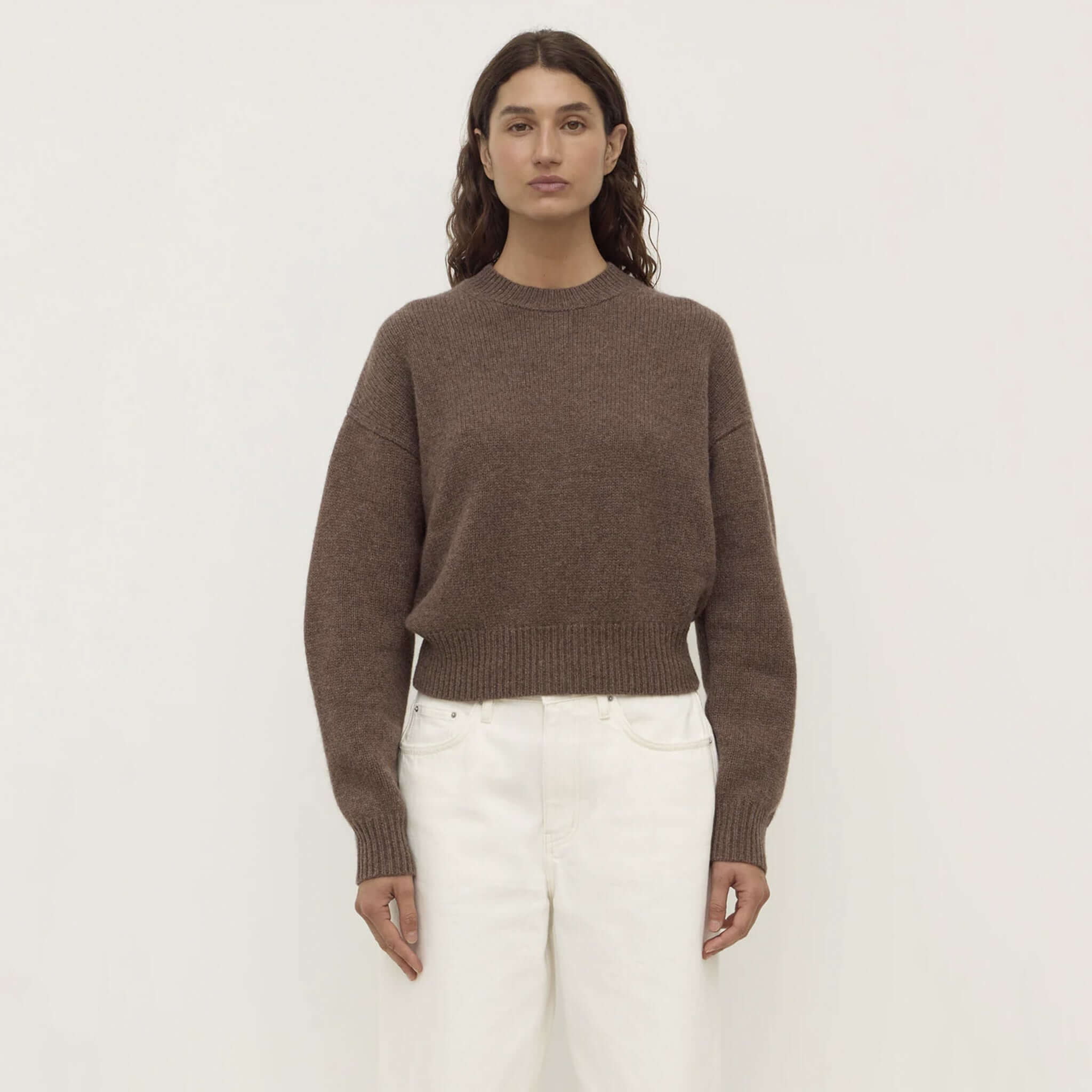 Assembly Label Benny Wool & Yak Knit Jersey - Cocoa Marle on model, cosy cropped wool-yak knit jumper with ribbed cuffs