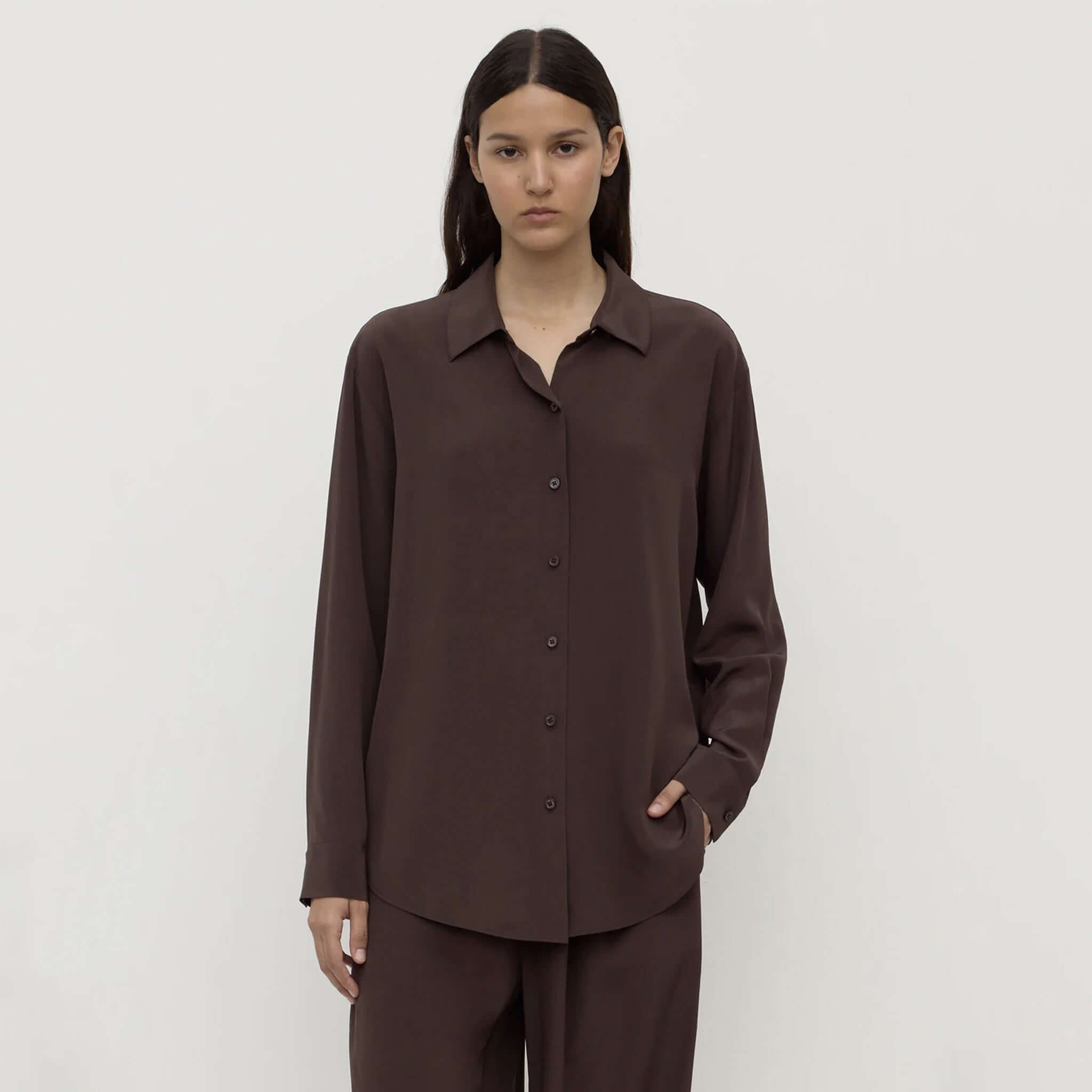 Alt Tag: Assembly Label Betty Silk Long Sleeve Shirt - Ganache, lightweight 100% silk long sleeve button-up blouse in rich brown ganache