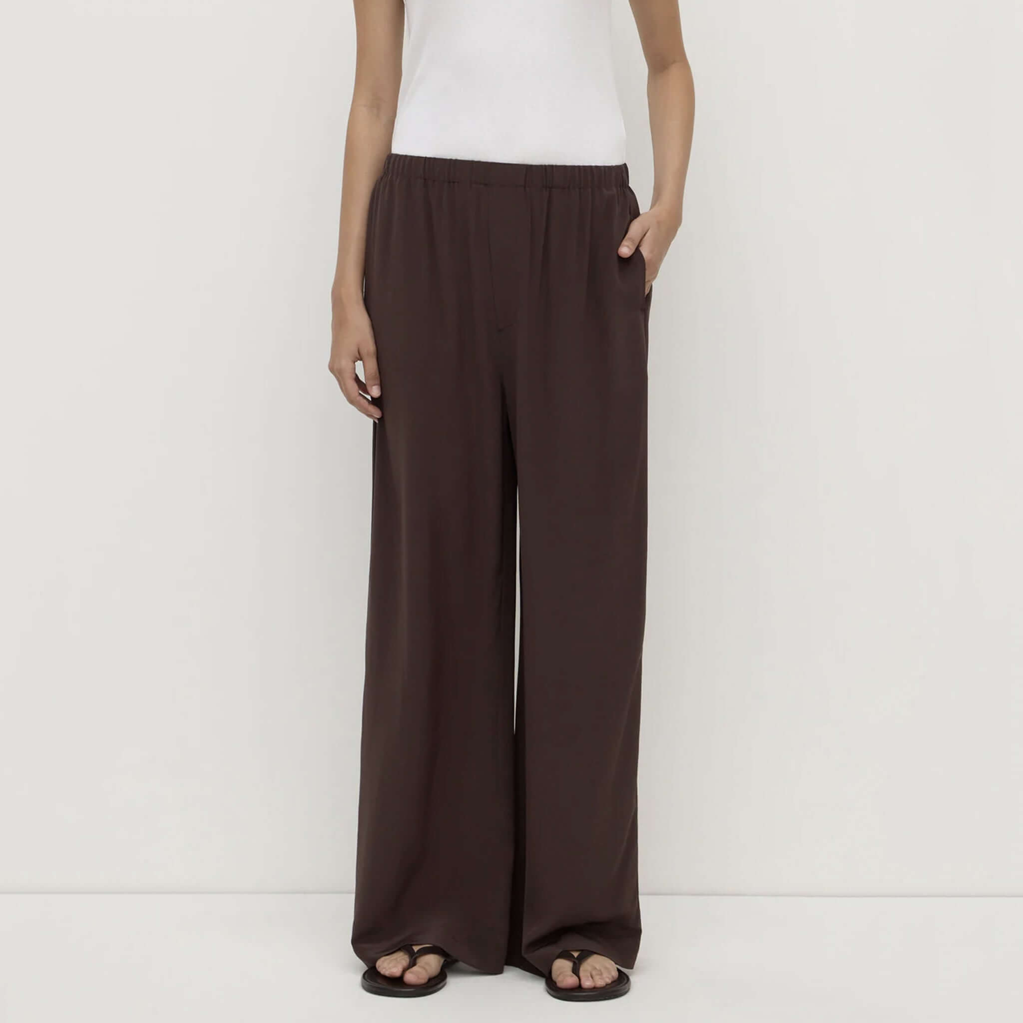 Alt Tag: Assembly Label Betty Silk Pants - Ganache relaxed straight-leg lightweight silk pants in rich ganache brown, fluid drape