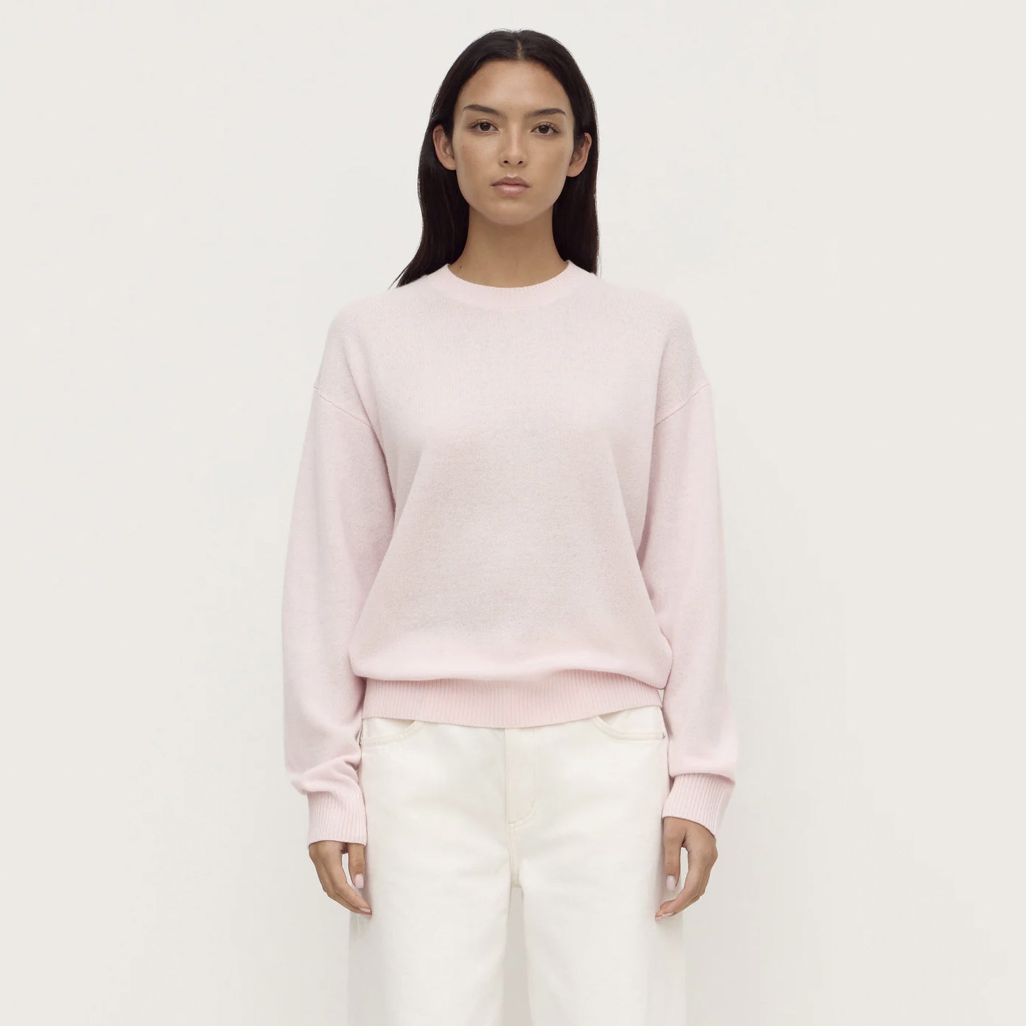 Assembly Label Carter Brushed Merino Wool Sweater - Floss in soft pink with dropped shoulders and ribbed cuffs.