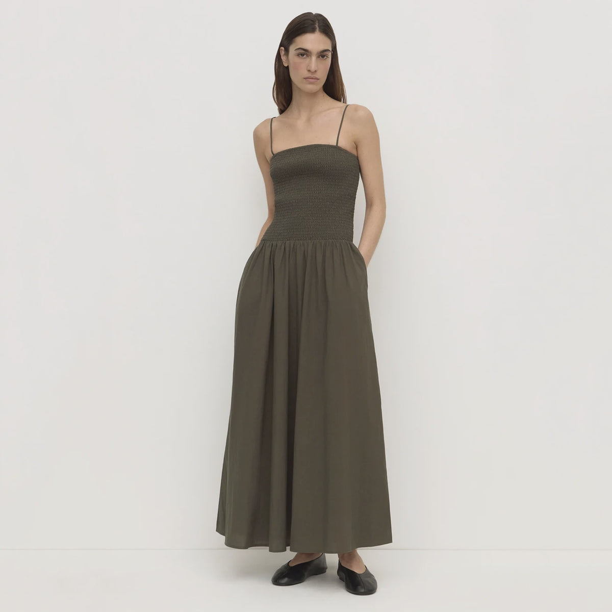 Assembly Label Connie Cotton Shirred Dress - Dark Military, full length front view on model