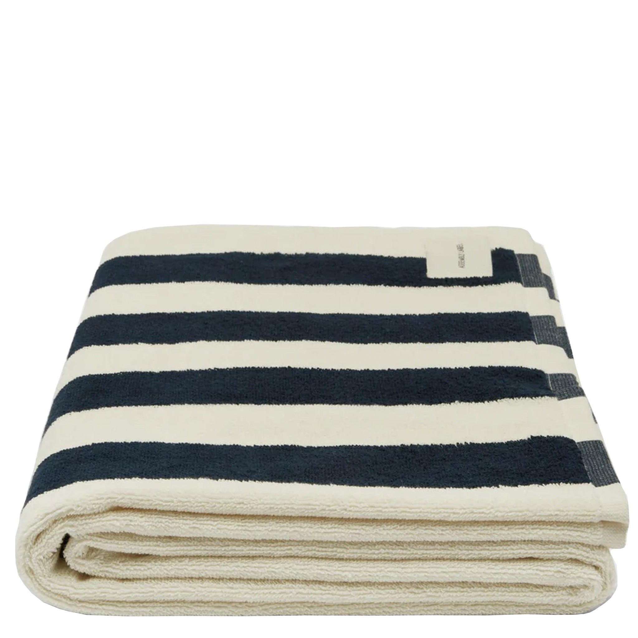 Navy and cream striped bath towel on a white background.