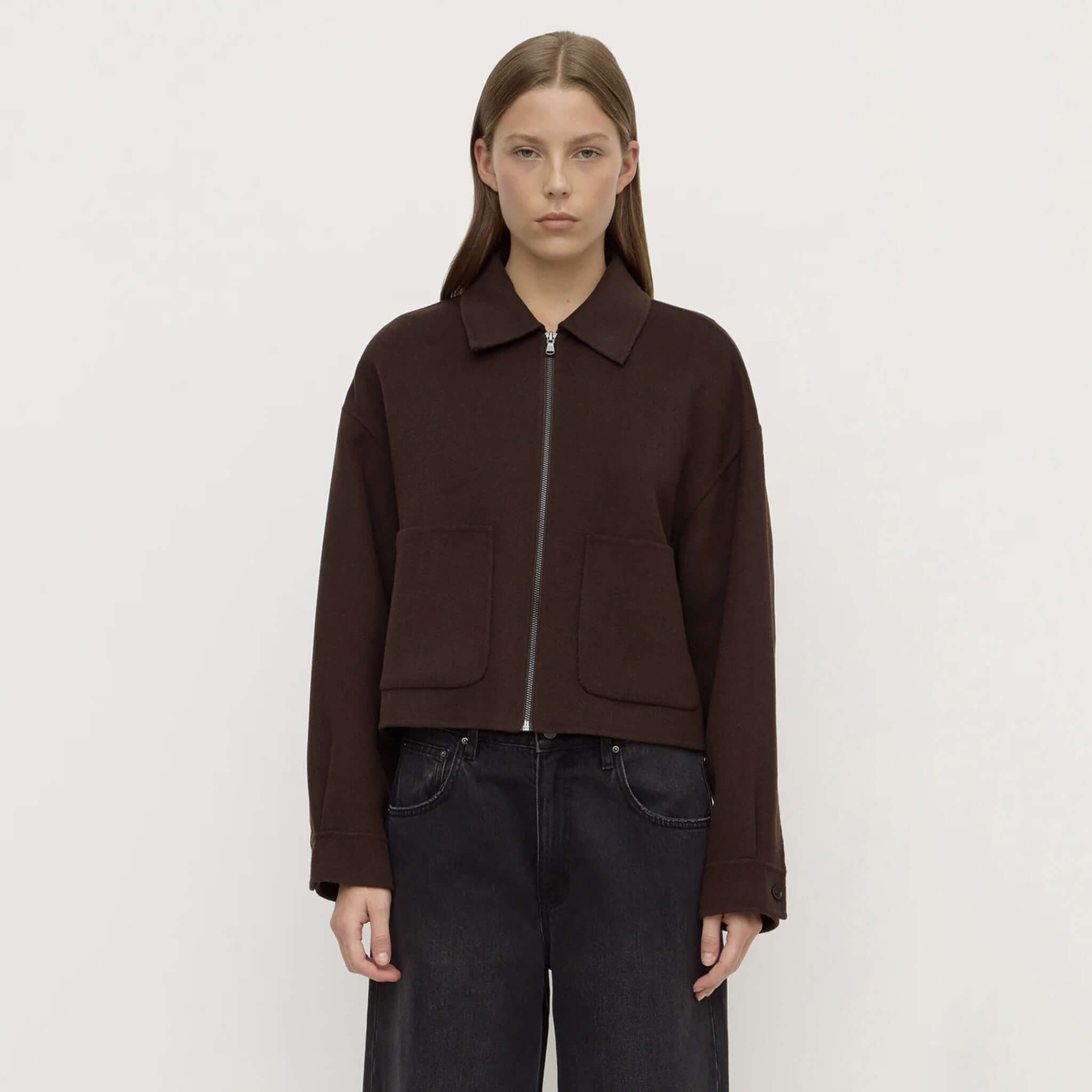 Assembly Label Dallas Wool Jacket - Dark Choc model wearing dark brown cropped wool jacket with oversized pockets.