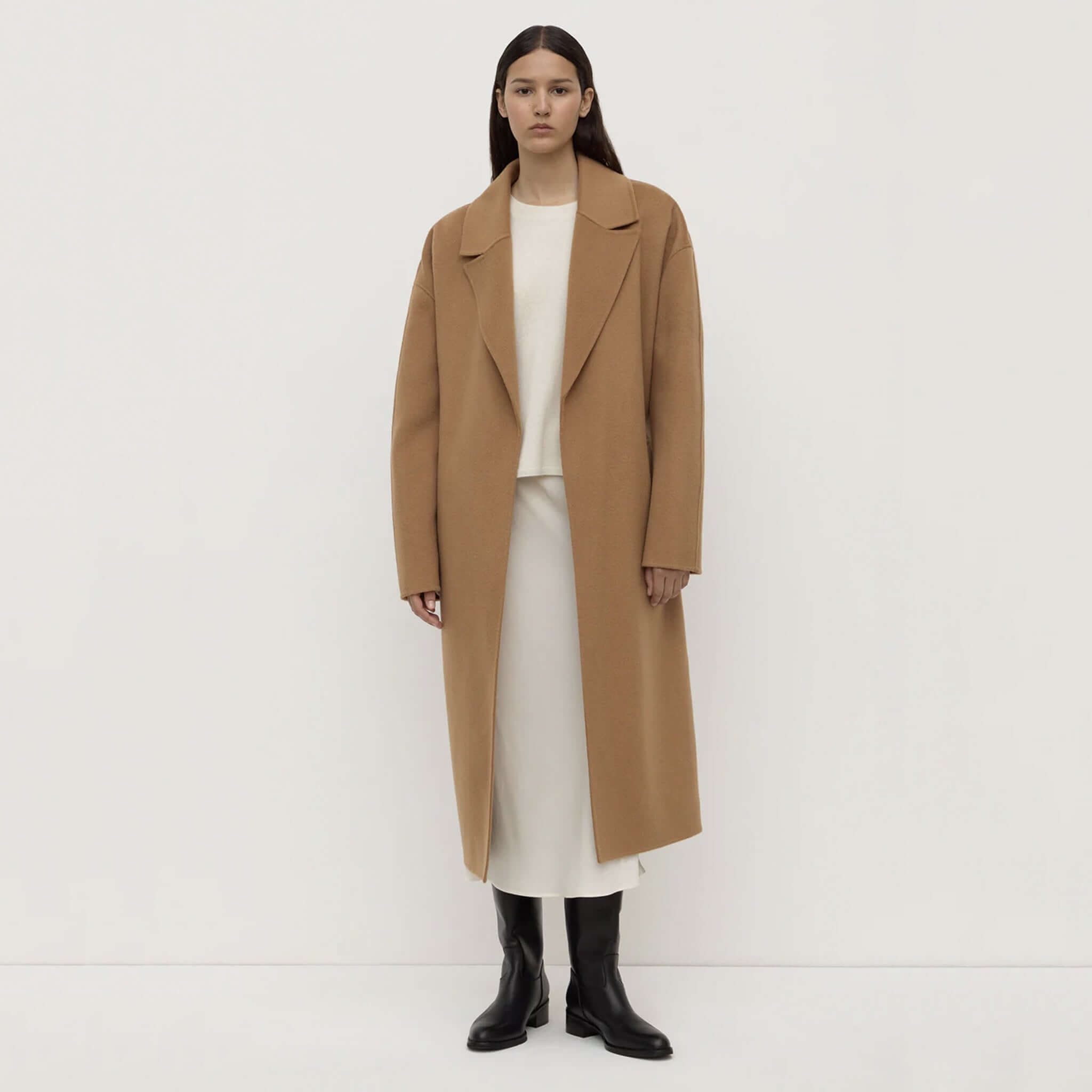 Alt Tag: Assembly Label Ivy Wool Coat - Camel long wool blend coat for women, front view, timeless winter layering, refined silhouette