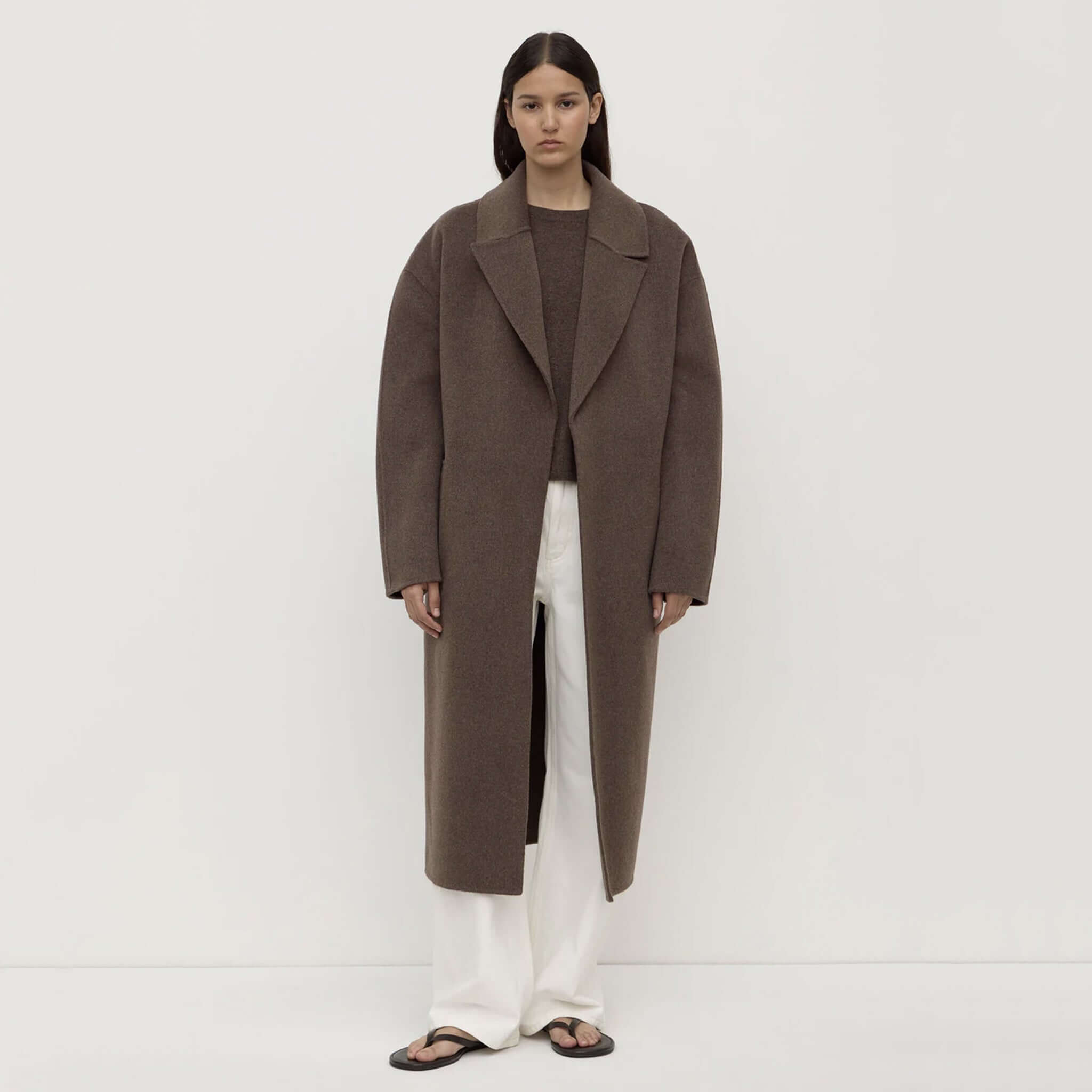 Alt Tag: Assembly Label Ivy Wool Coat - Cocoa Marle long wool coat in cocoa marle, full-length front view, winter layering essential
