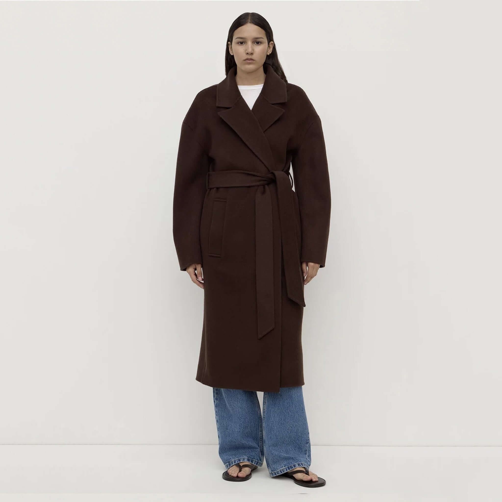 Alt Tag: Assembly Label Ivy Wool Coat - Ganache long belted wool blend coat for women, front view winter layering