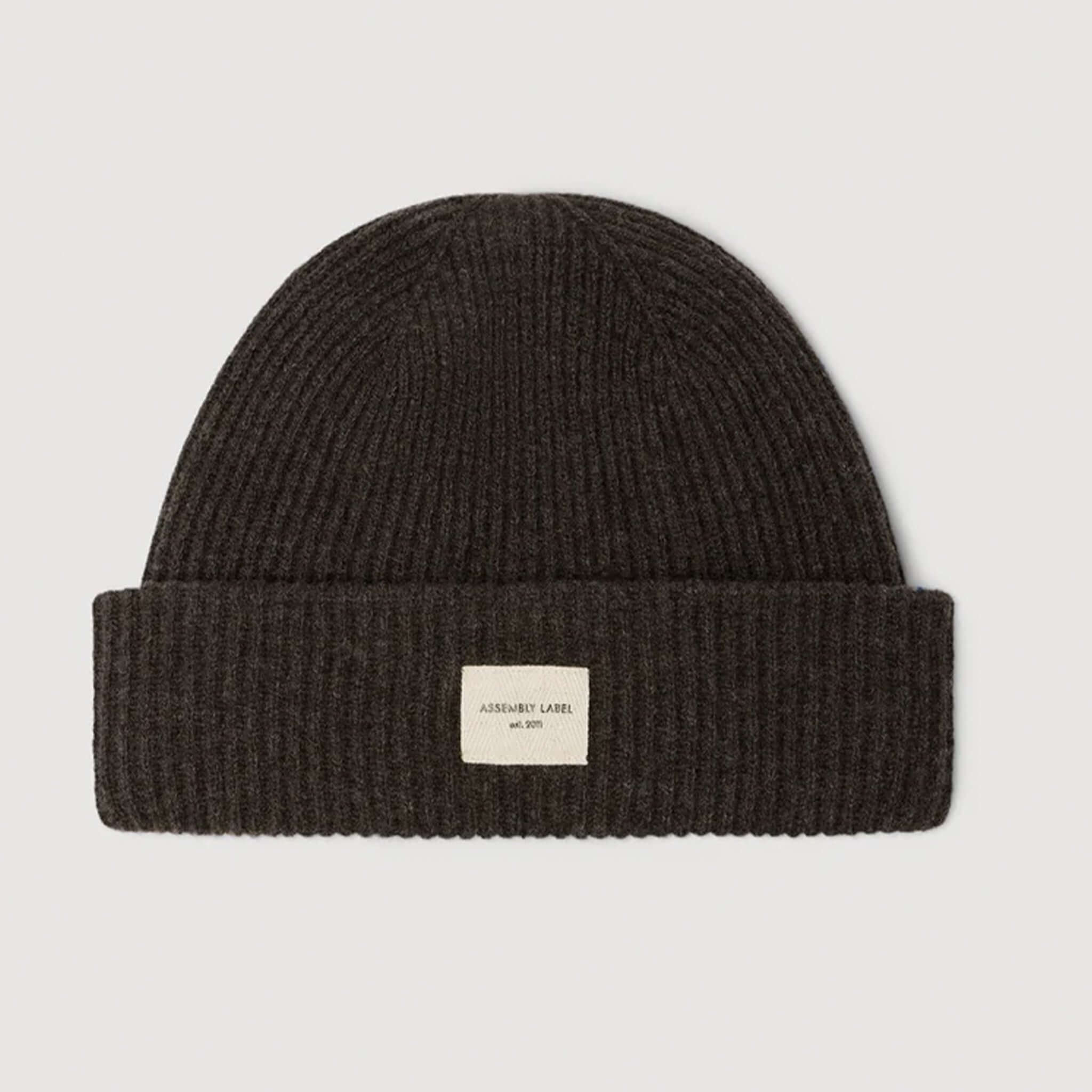 Assembly Label Merino Wool Rib Beanie - Ganache, knitted from 100% Merino Wool, warm and stylish winter accessory.