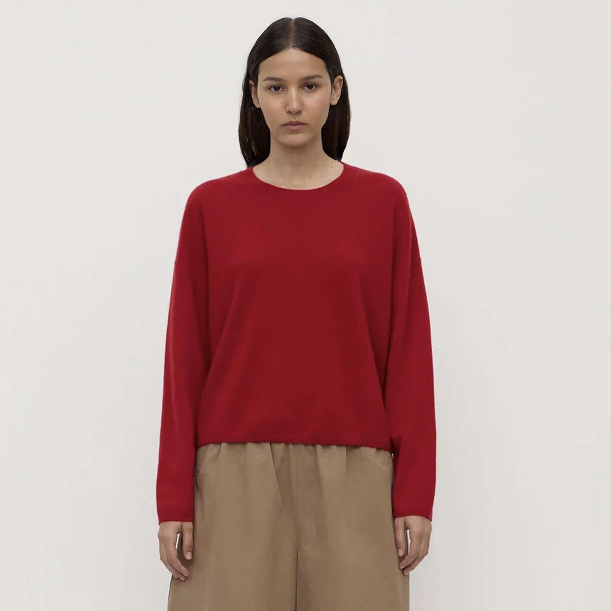Alt Tag: Assembly Label Odelle Cashmere Knit Jumper - Dark Cherry on model, relaxed fit 100% cashmere sweater with dropped shoulders