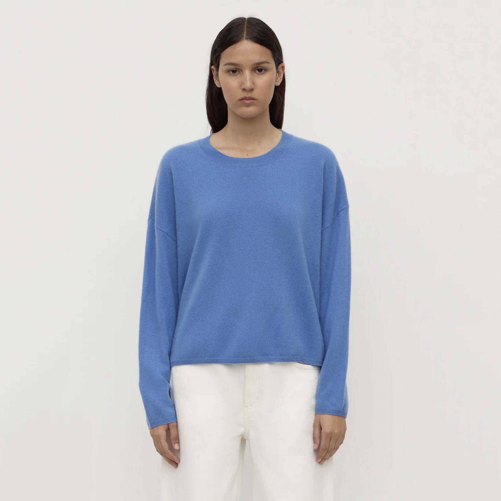 Alt Tag: Assembly Label Odelle Cashmere Knit Jumper - Drift drift blue 100% cashmere relaxed fit jumper with dropped shoulders, front view