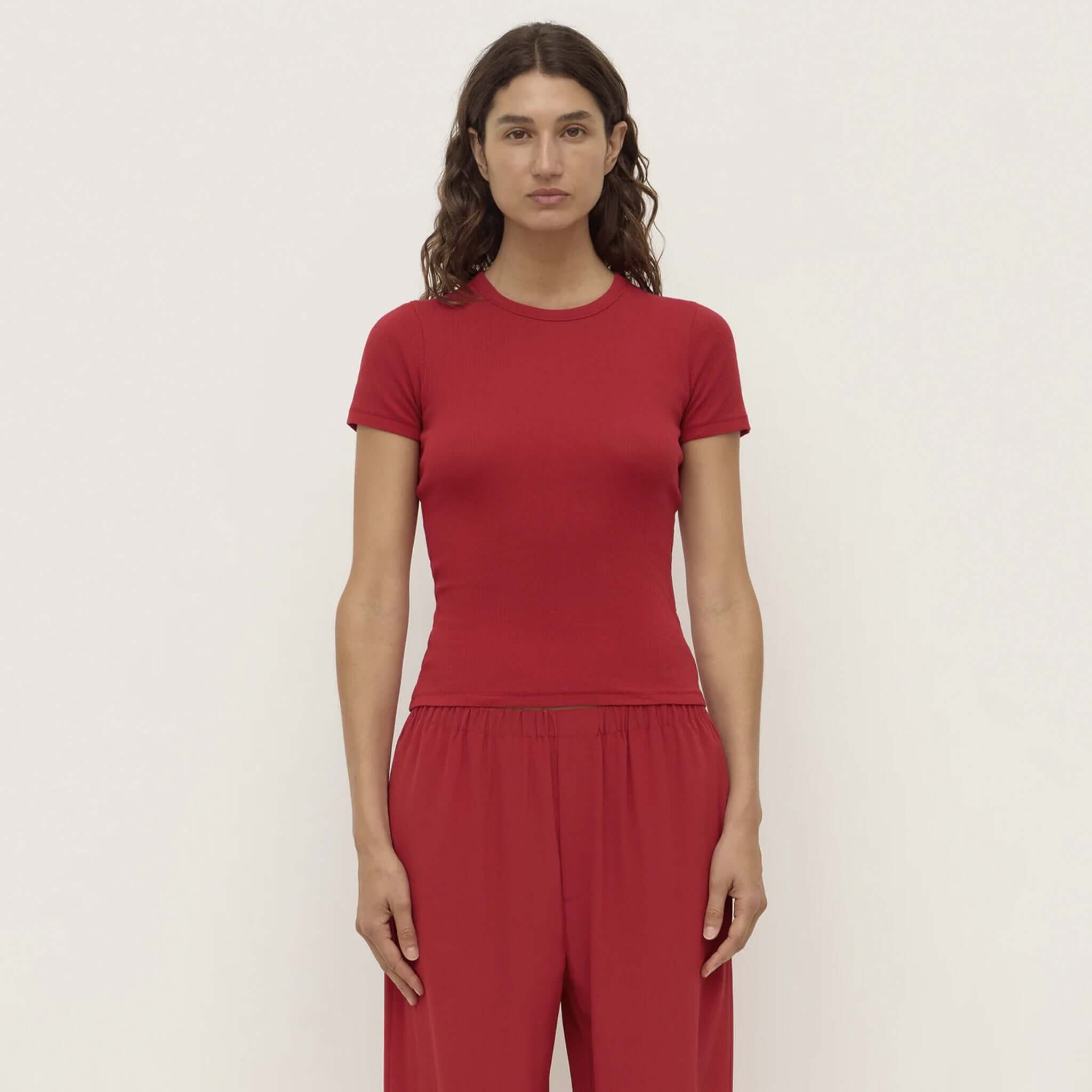 Assembly Label Zali Short Sleeve Tee - Mulberry ribbed fitted cotton crew neck short sleeve tee on model, front view