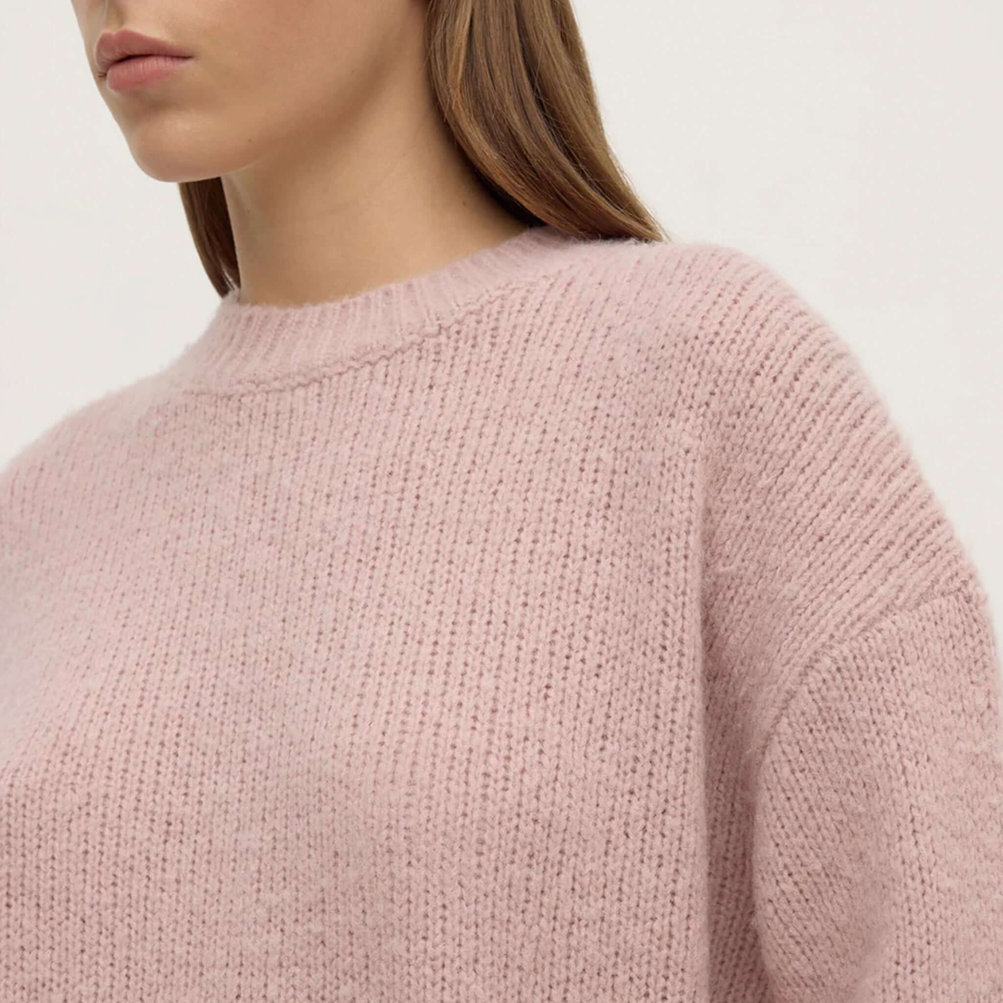 Alt Tag: Assembly Label Ariel Alpaca & Wool Knit Jersey - Blush soft pink crew neck knit jumper close-up, ribbed texture cosy winter staple