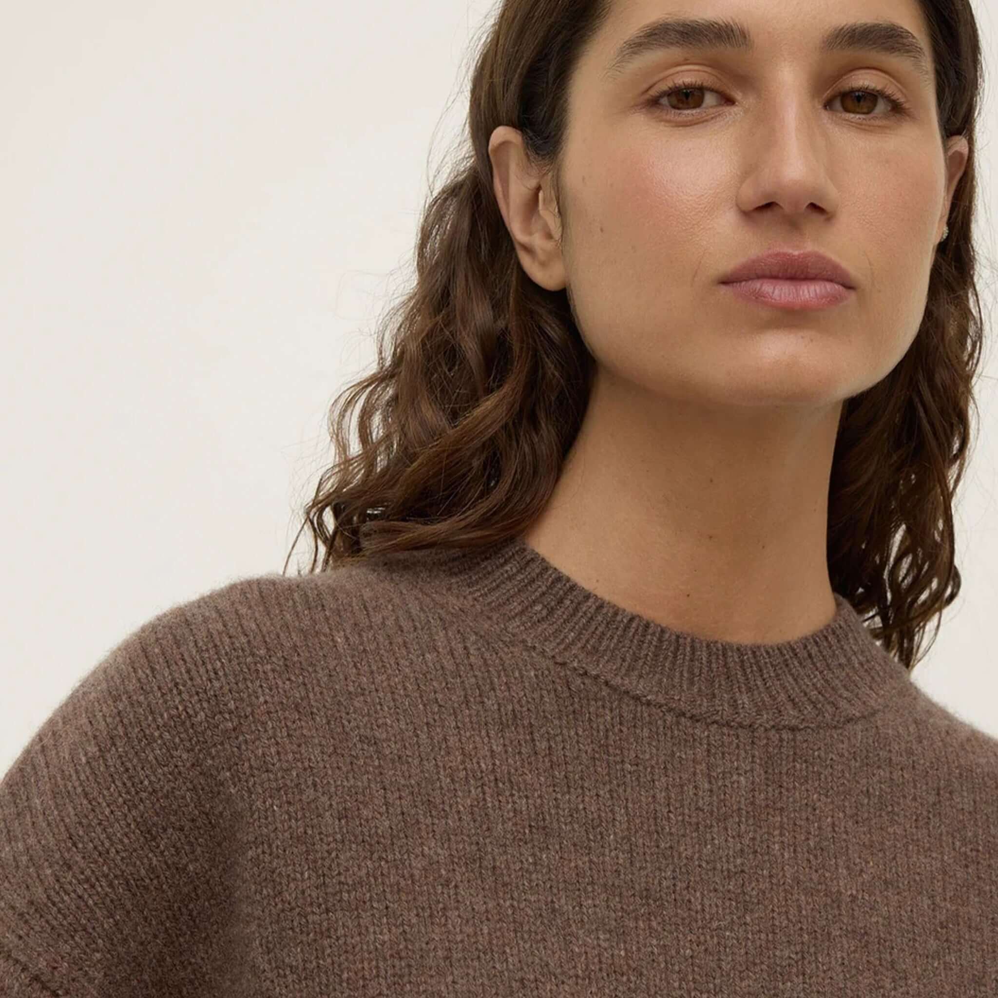 Alt Tag: Assembly Label Benny Wool & Yak Knit Jersey - Cocoa Marle worn by model, soft wool-yak knit with cosy texture and refined finish