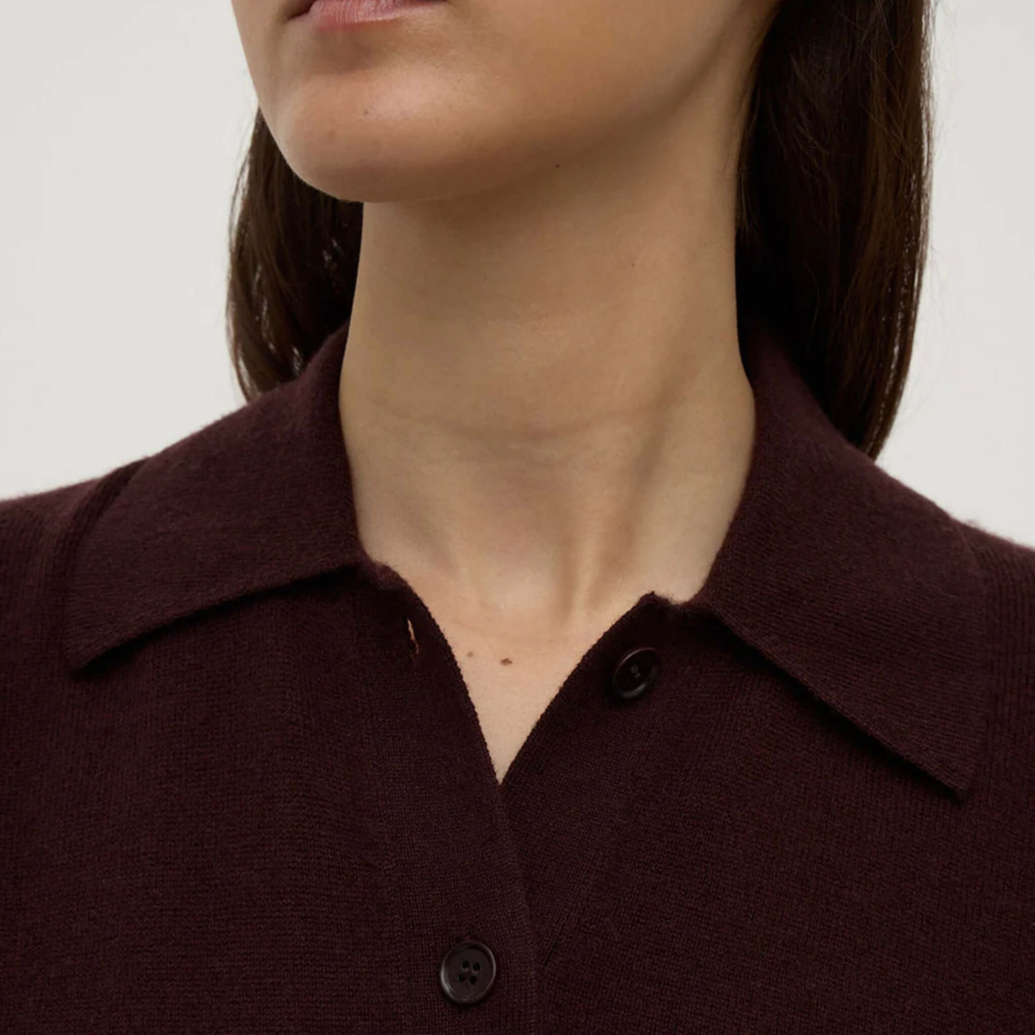 Alt Tag: Assembly Label Merino & Cashmere Knit Cardigan - Dark Merlot close-up showing relaxed collar, button-up front and wool cashmere knit texture