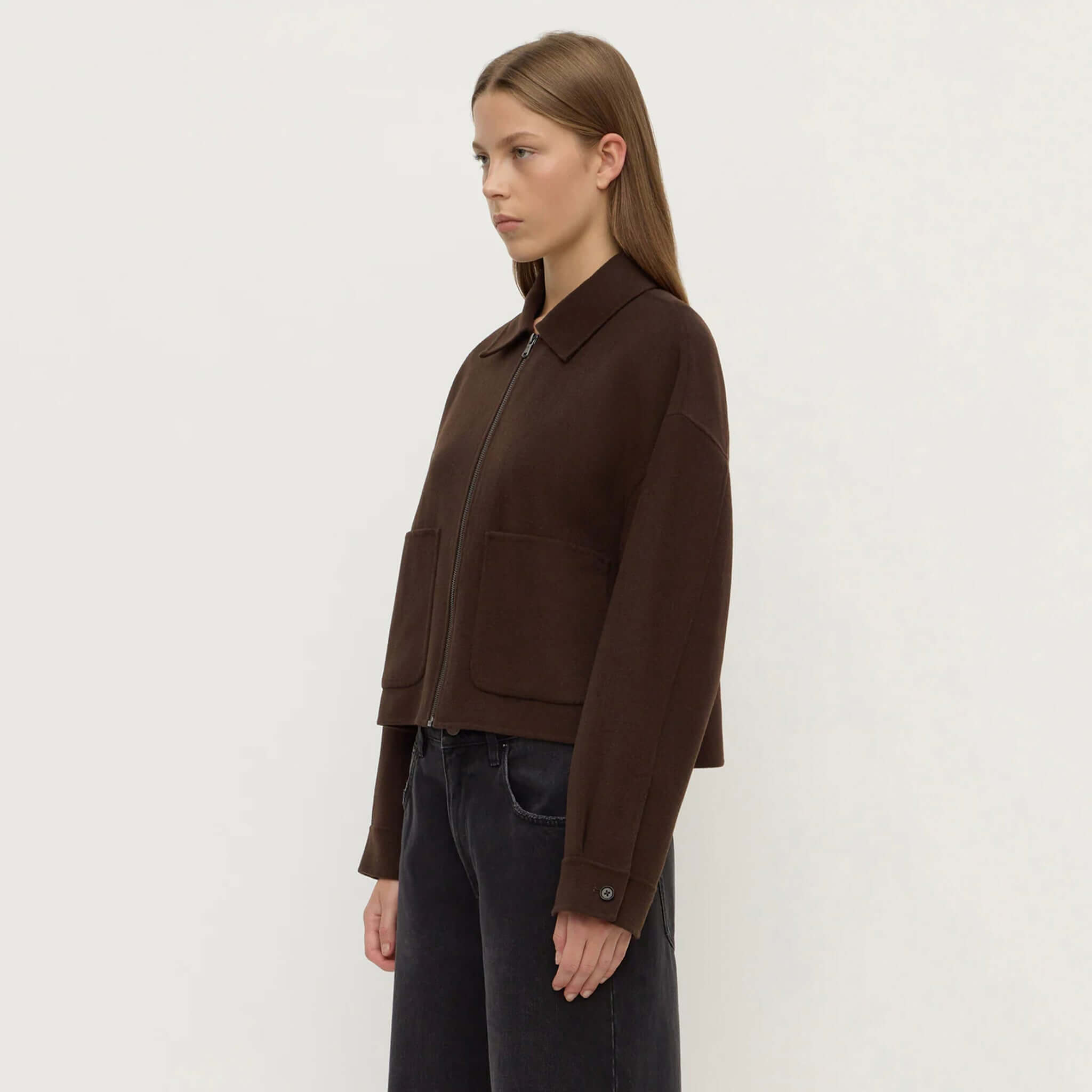 Assembly Label Dallas Wool Jacket - Dark Choc side view on model with oversized pockets and modern silhouette.