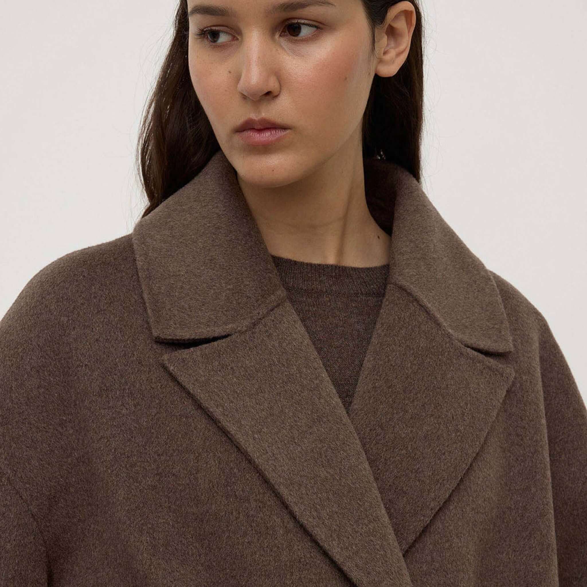 Assembly Label Ivy Wool Coat - Cocoa Marle women’s long wool blend coat close-up, refined collar, warm winter layering