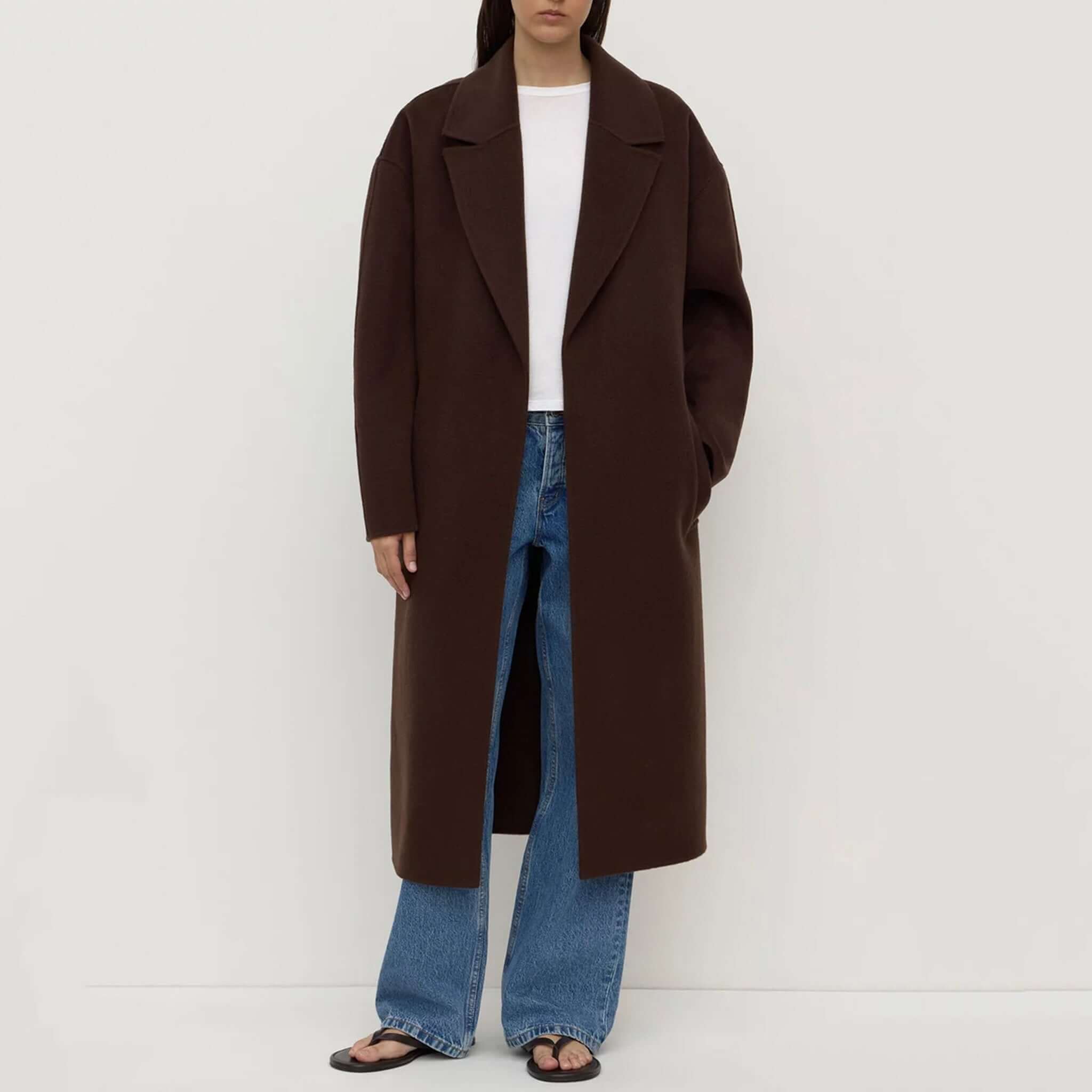 Alt Tag: Assembly Label Ivy Wool Coat - Ganache long wool blend coat for women, refined winter layering silhouette