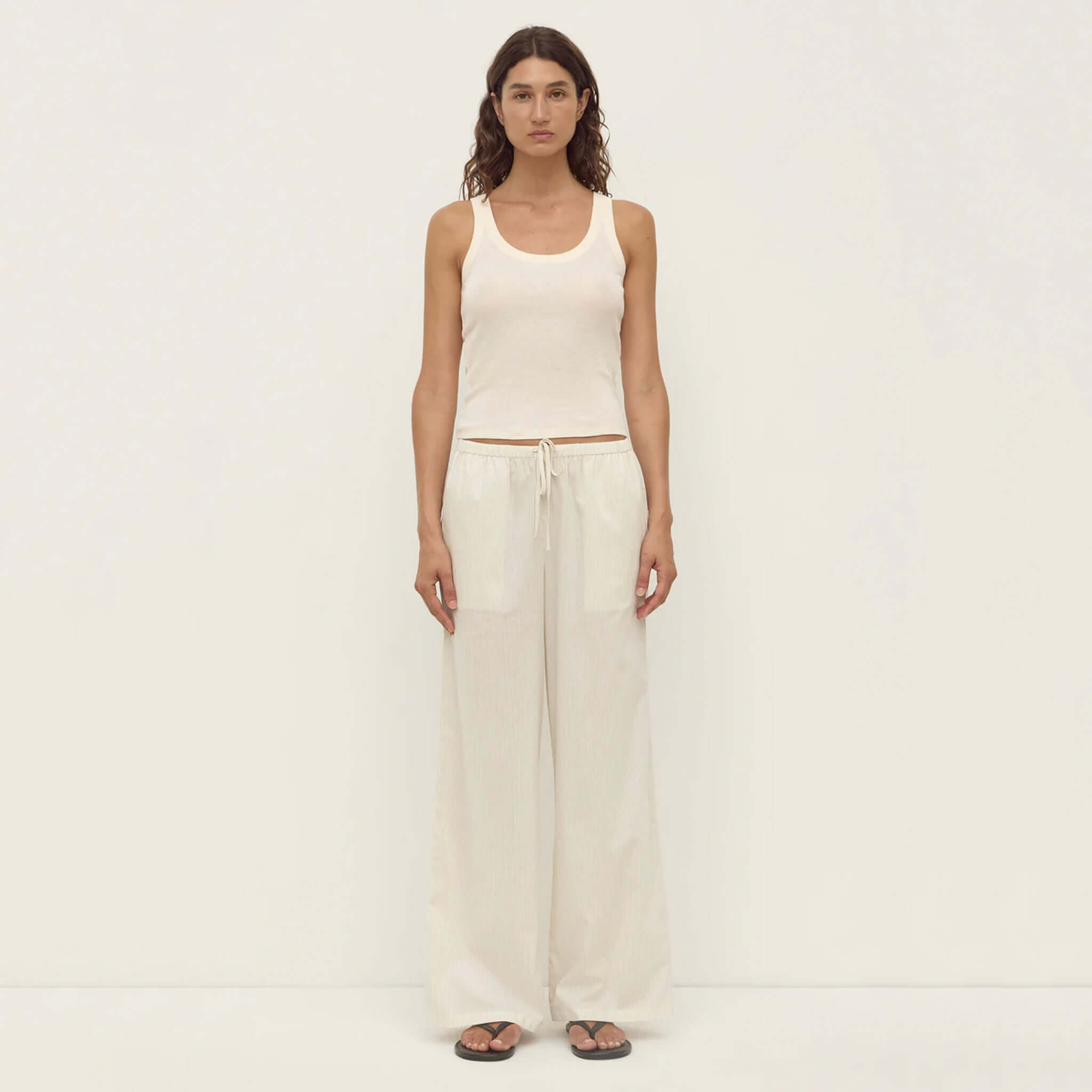 Alt Tag: Assembly Label Marina Stripe Pants - White / Grey Stripe on model, relaxed cotton pants with elastic waist and tie