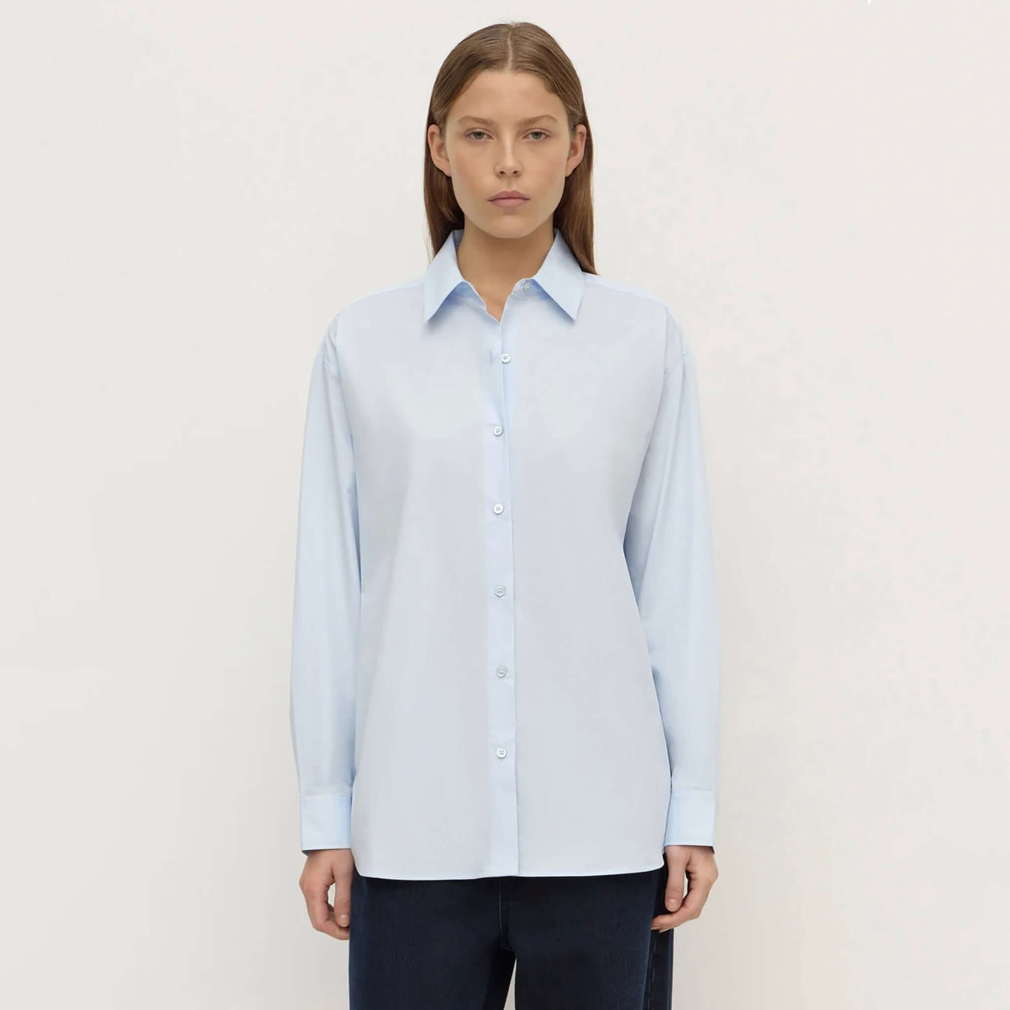 Assembly Label Micha Poplin Long Sleeve Shirt - Powder Blue - Model wearing a stylish 100% cotton poplin shirt in powder blue.