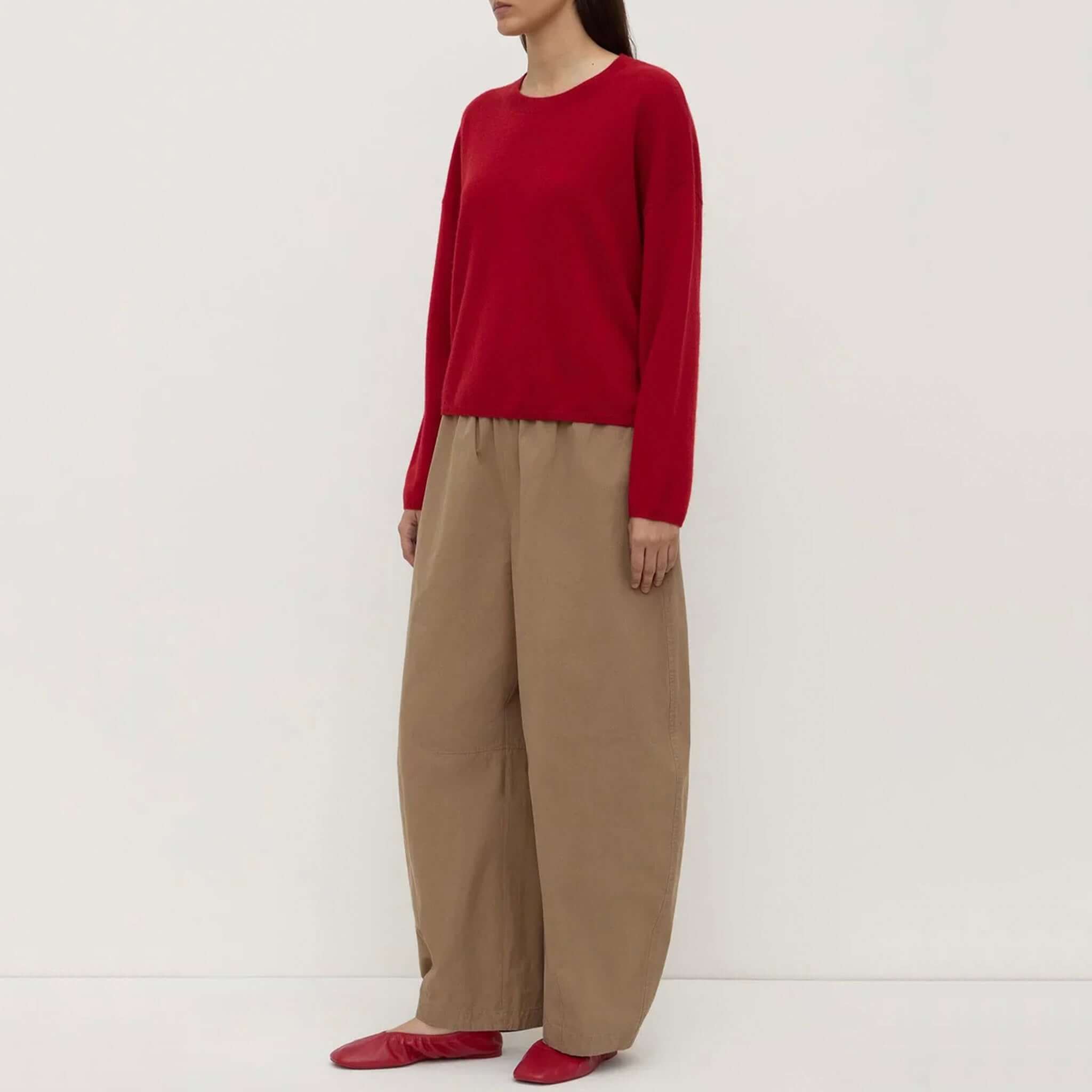 Assembly Label Odelle Cashmere Knit Jumper - Dark Cherry on model, relaxed 100% cashmere knit with dropped shoulders and rib trims