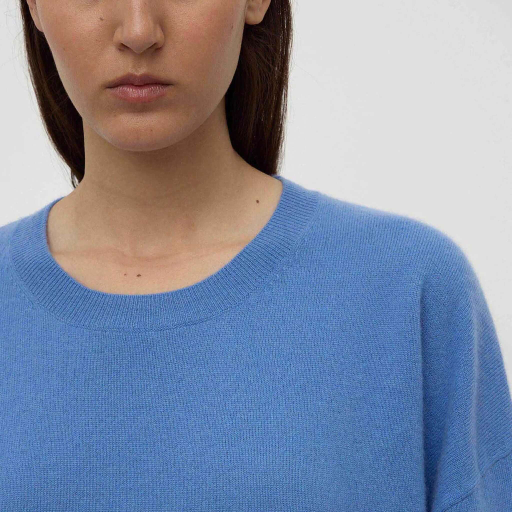 Alt Tag: Assembly Label Odelle Cashmere Knit Jumper - Drift in drift blue, 100% cashmere relaxed fit with ribbed crew neck and dropped shoulders