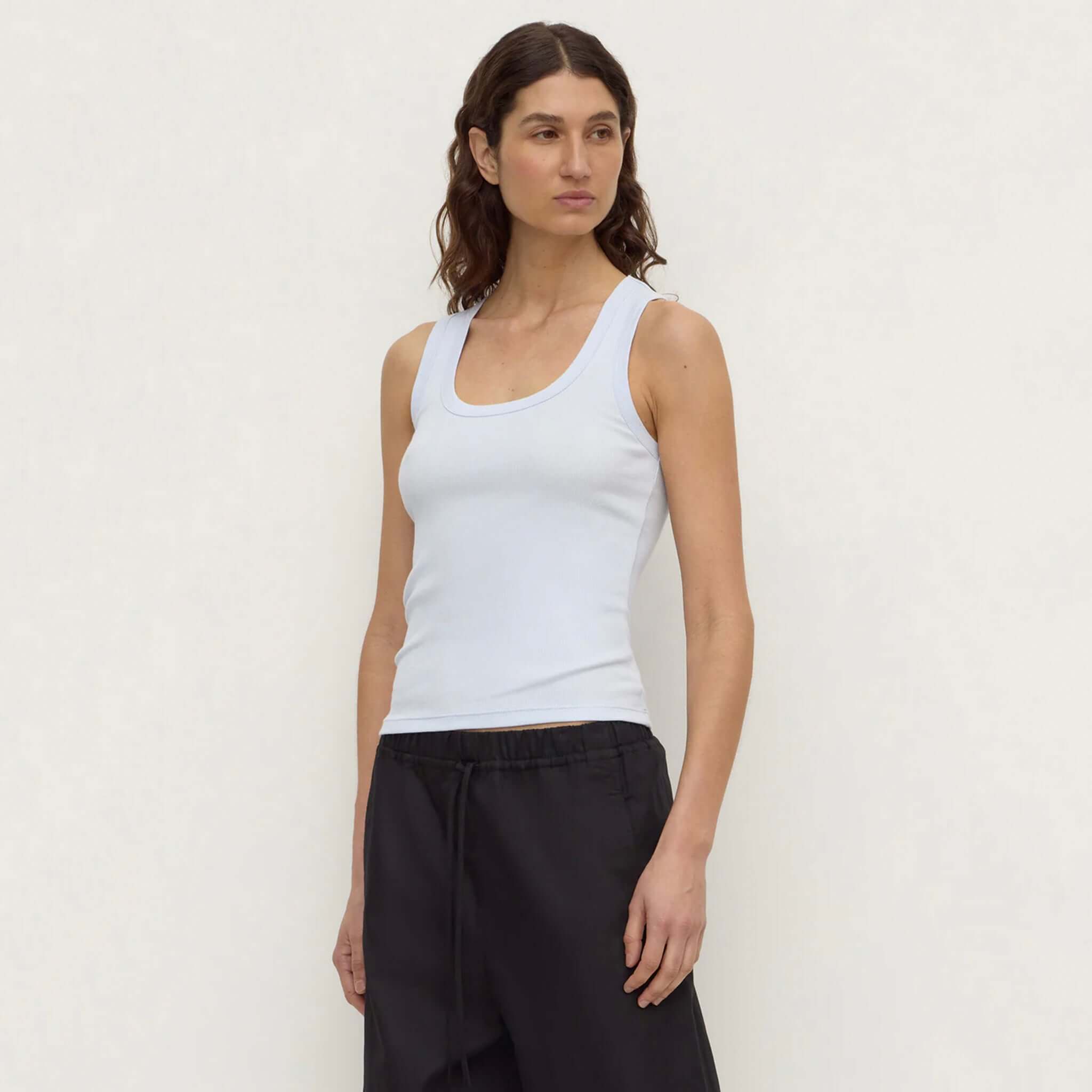 Assembly Label Robyn Scoop Neck Rib Tank - Powder Blue model wearing soft cotton rib jersey tank top