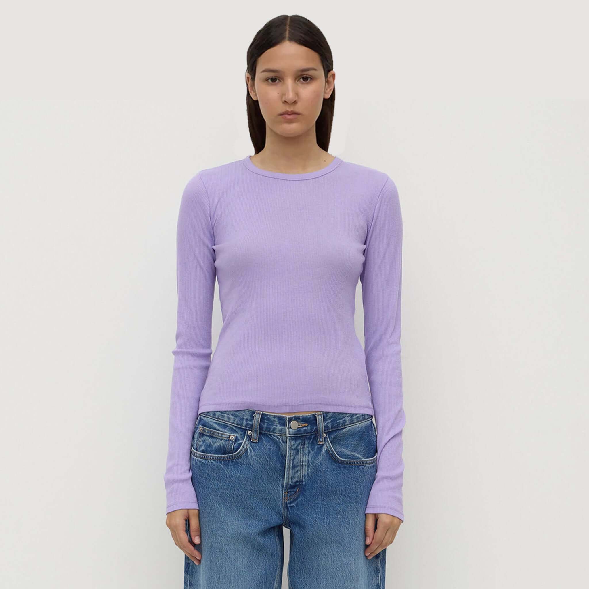 Assembly Label Zali Long Sleeve Tee - Mauve worn by model with long sleeves and crew neckline, paired with denim.