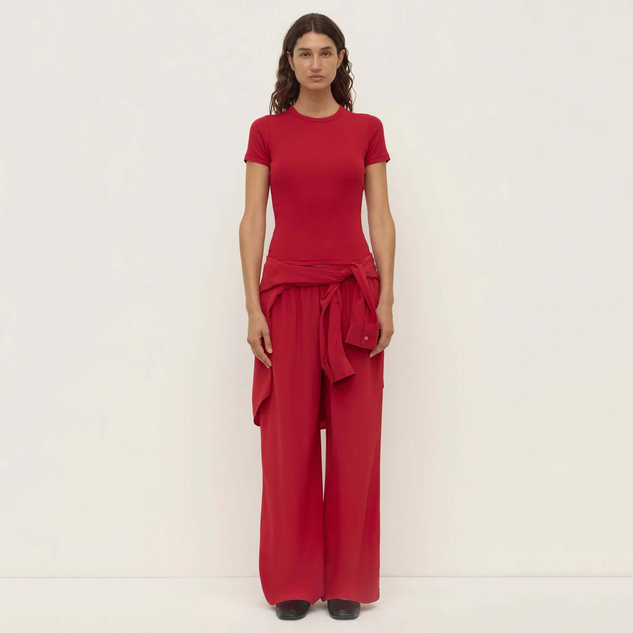 Assembly Label Zali Short Sleeve Tee - Mulberry ribbed fitted cotton crew neck tee on model, short sleeves, slightly sheer base layer
