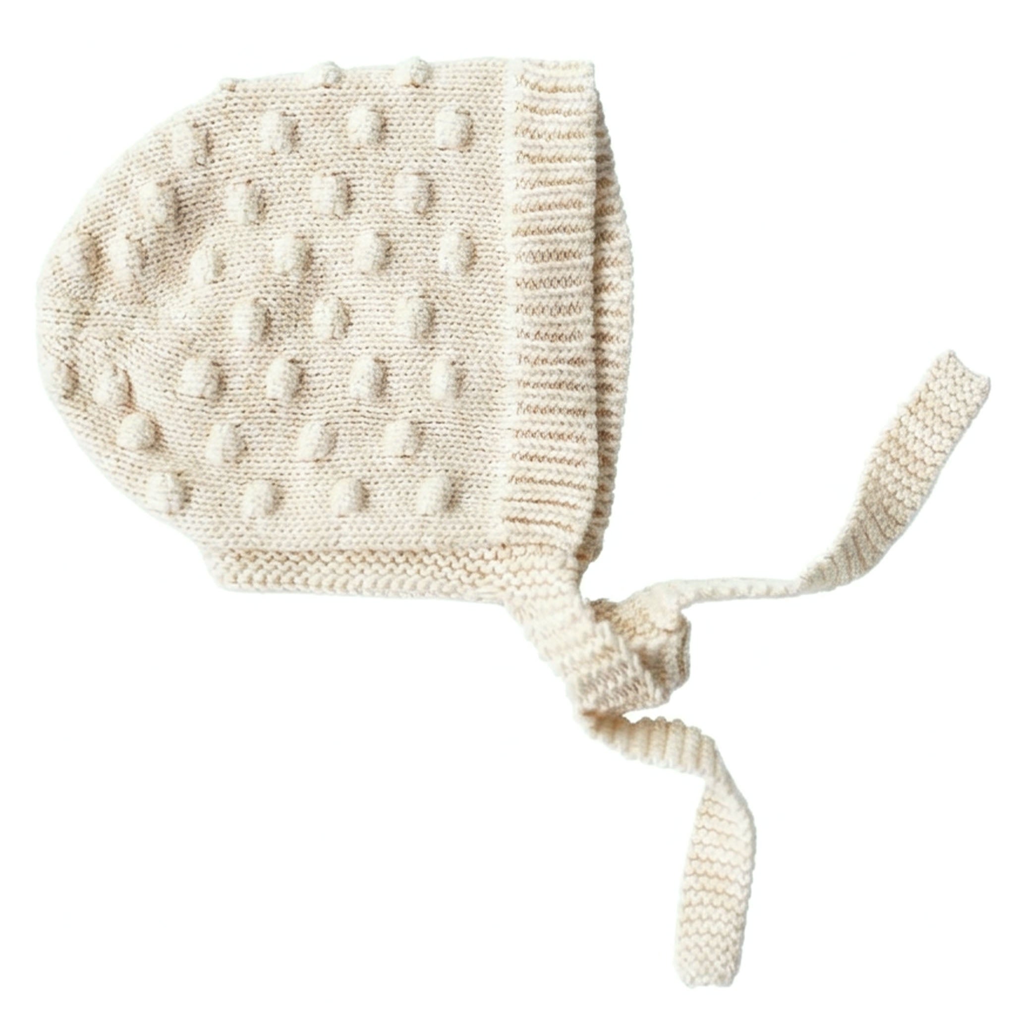 Baby Cotton Marshmallow Bonnet - Ivory with pompom and tie strings, soft cable knit for 0-3 months.