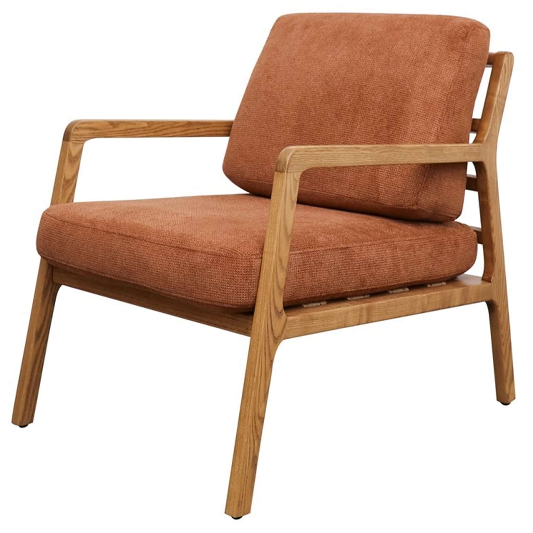 Baker Rubberwood Armchair with natural rubberwood frame and cushioned upholstered seat, modern lounge accent chair