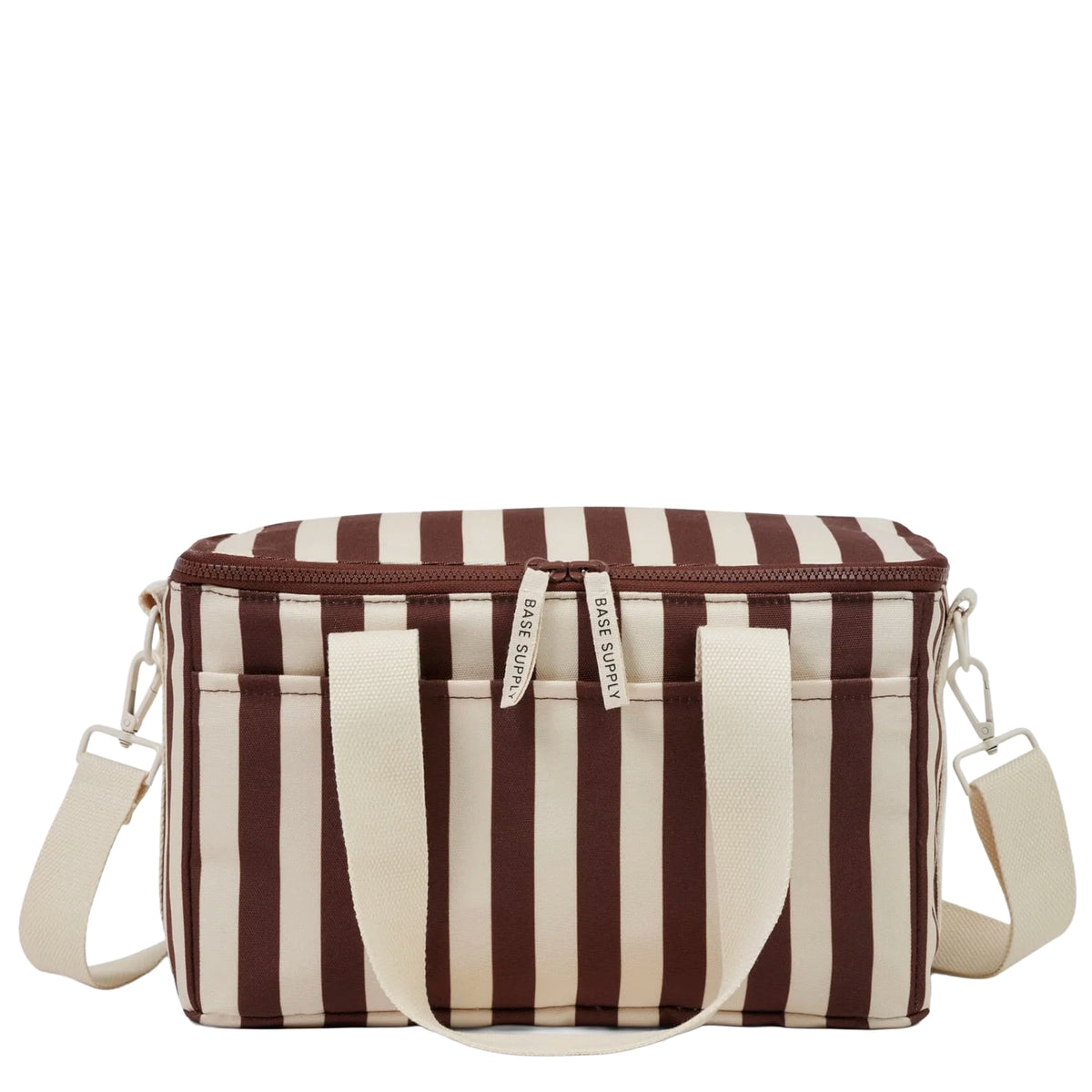 Base Midi Cooler Bag - Cocoa Stripe, water-resistant insulated cooler tote with crossbody strap