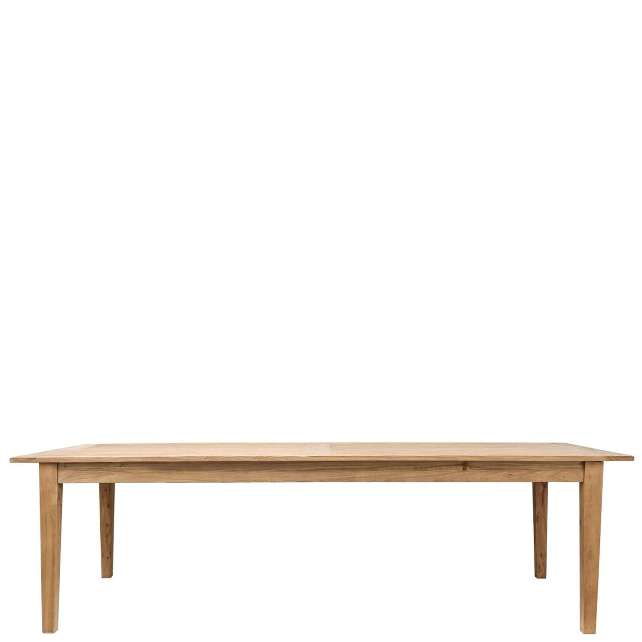 Alt Tag: Basque Reclaimed Elm Dining Table in natural reclaimed wood finish with tapered legs, modern rustic farmhouse dining table