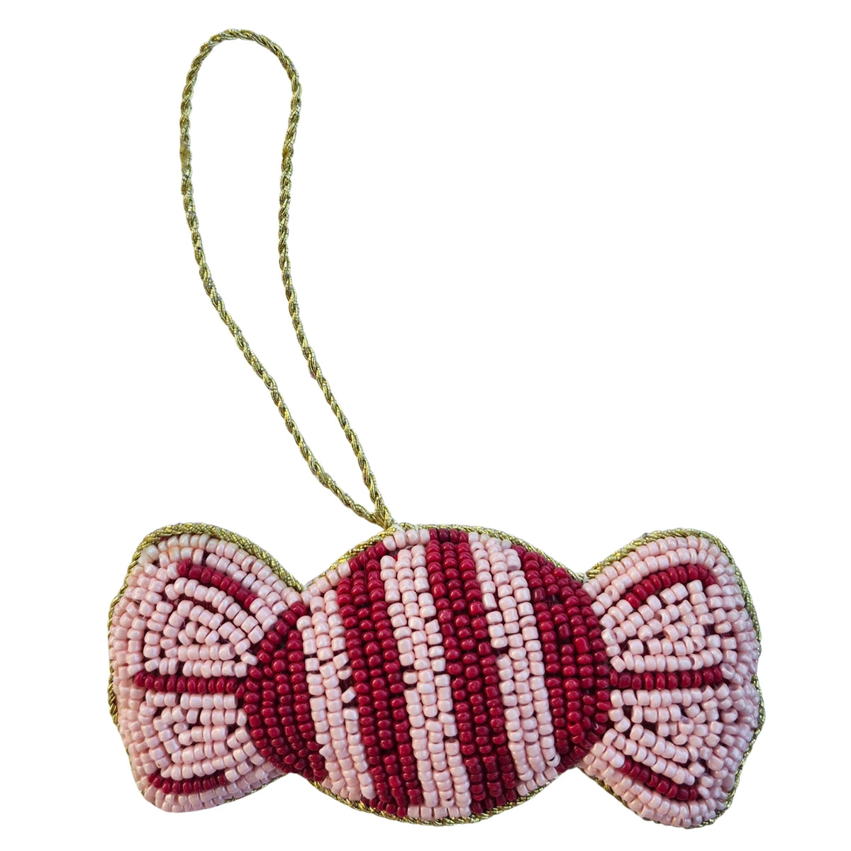 Beaded Hanging Christmas Decoration - Bon Bon, beaded bon bon ornament in pink and red with gold accents