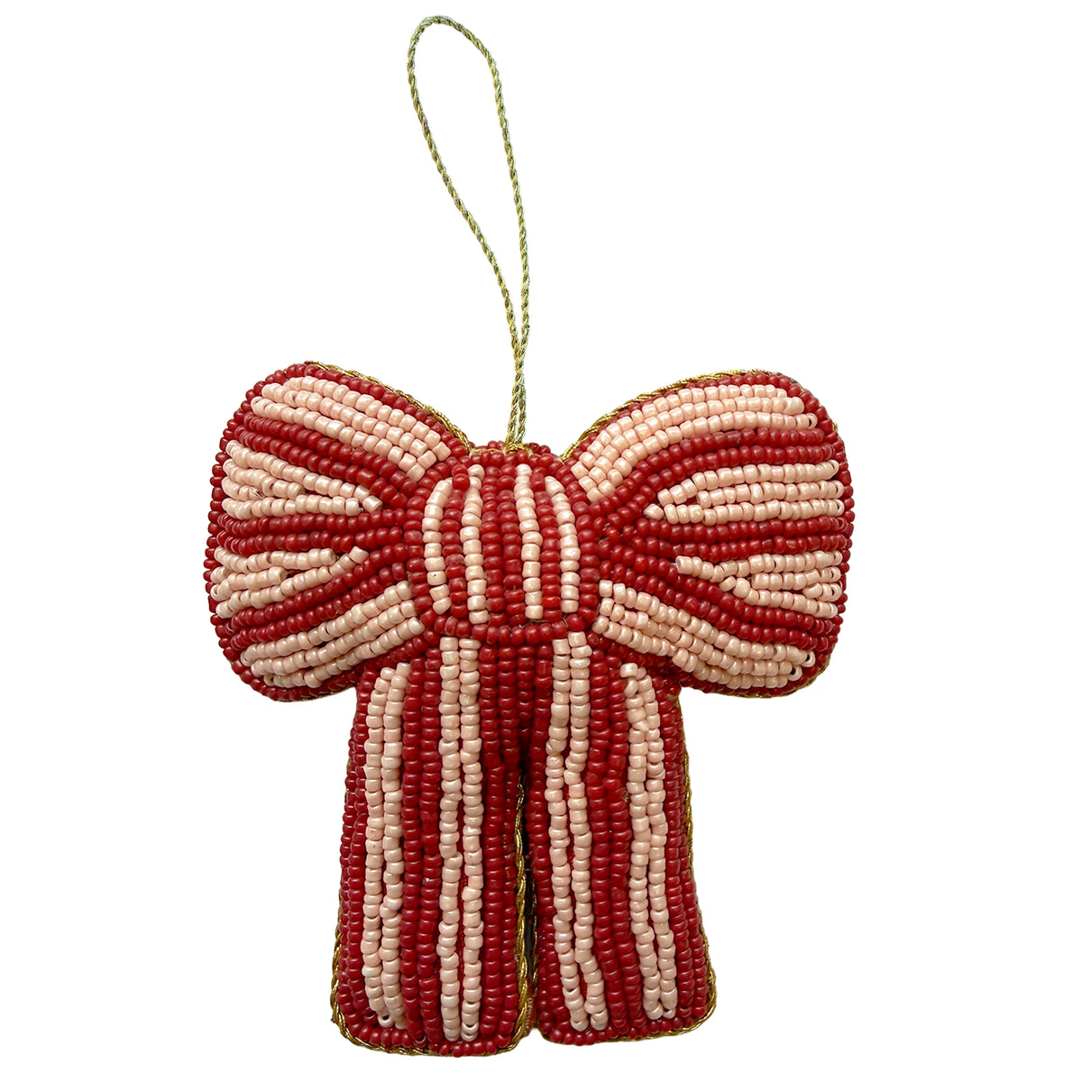 Beaded Hanging Christmas Decoration - Bow, beaded ribbon bow ornament in red and soft pink with gold edging