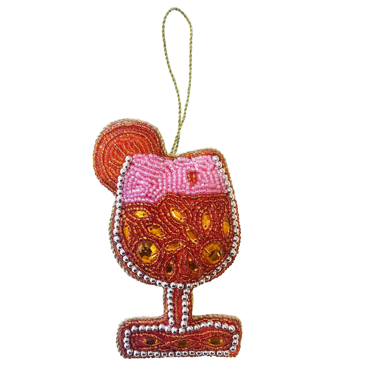 Beaded Hanging Christmas Decoration - Cocktail, beaded orange cocktail ornament with citrus garnish