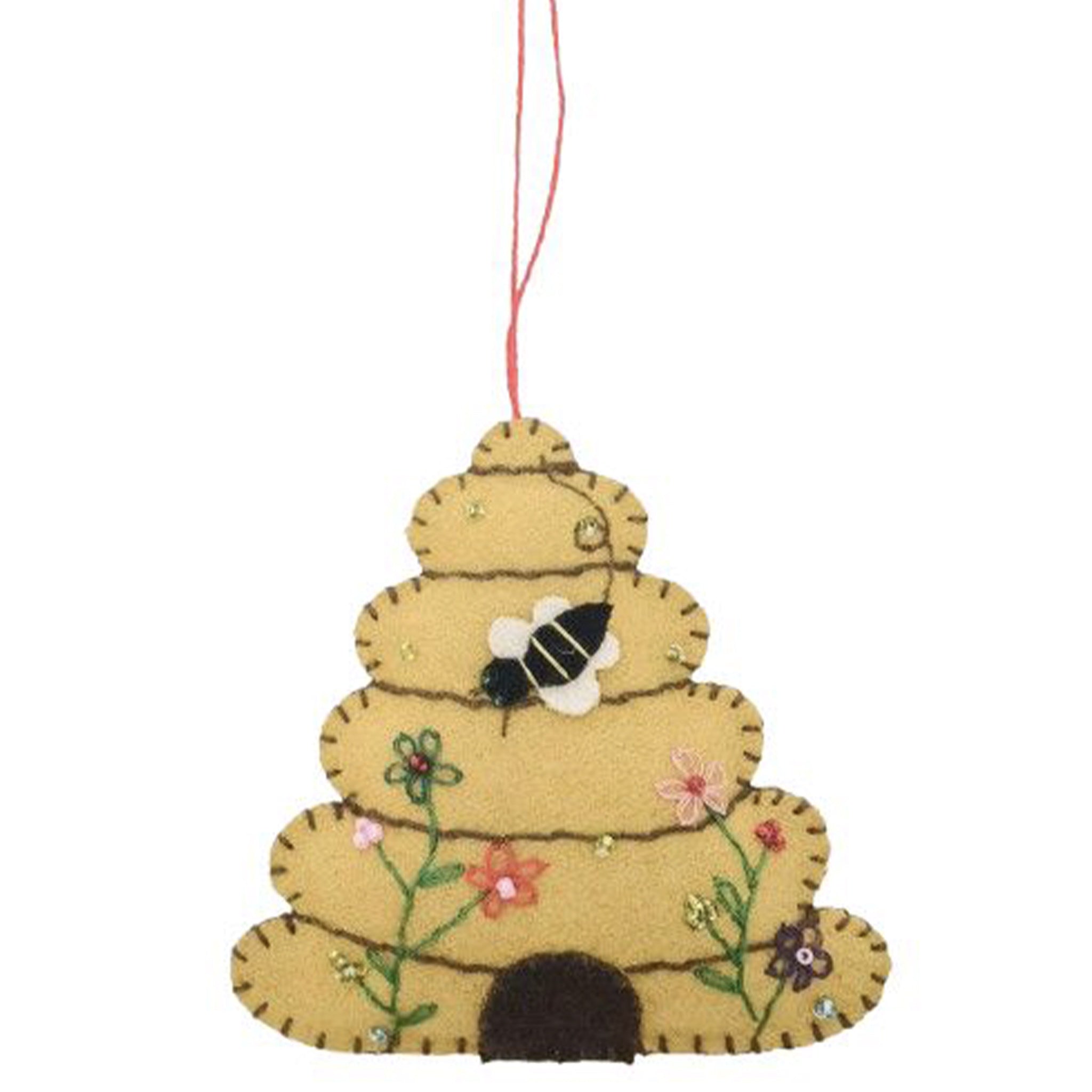 Decorative bee hive ornament with a bee on a white background