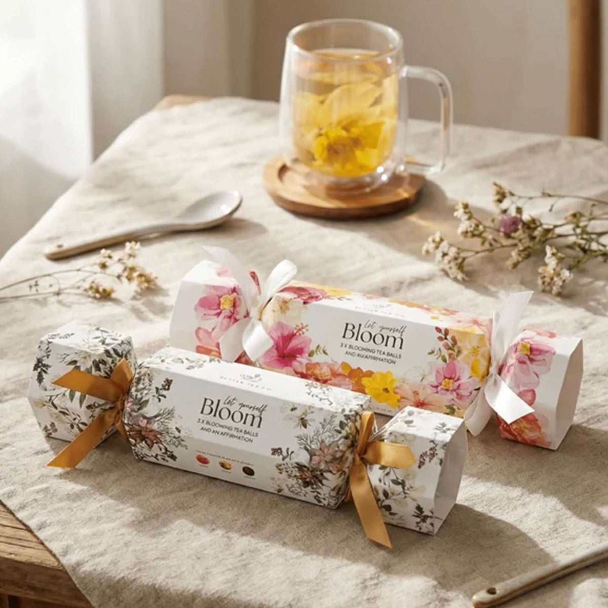Better Tea Co. Blooming Tea Bonbon beautifully packaged with blooming tea balls ready to brew.