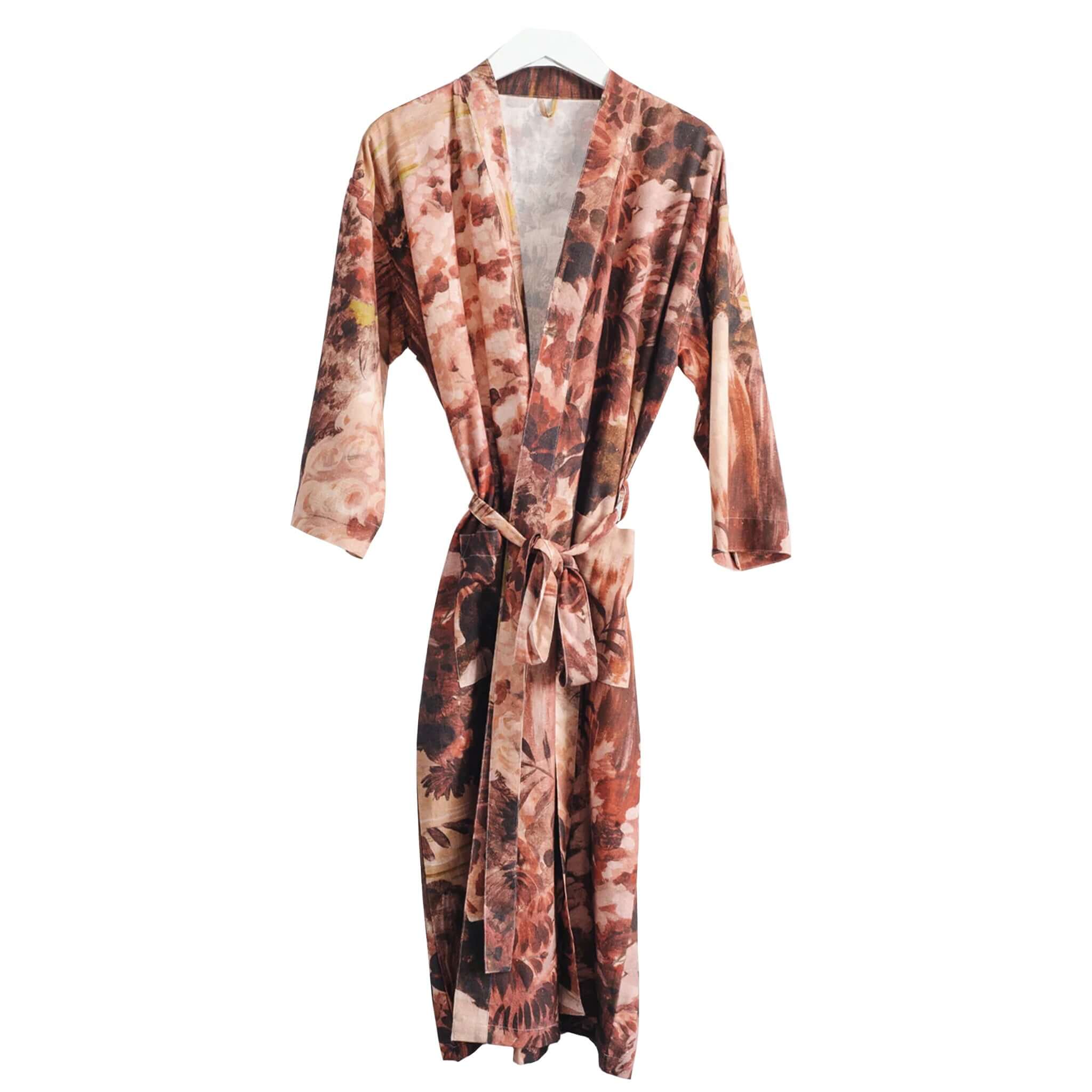 Alt Tag: Bianca Lorenne Floresta Housecoat - Merlot floral wrap-front housecoat with tie belt, 3/4 sleeves and pockets