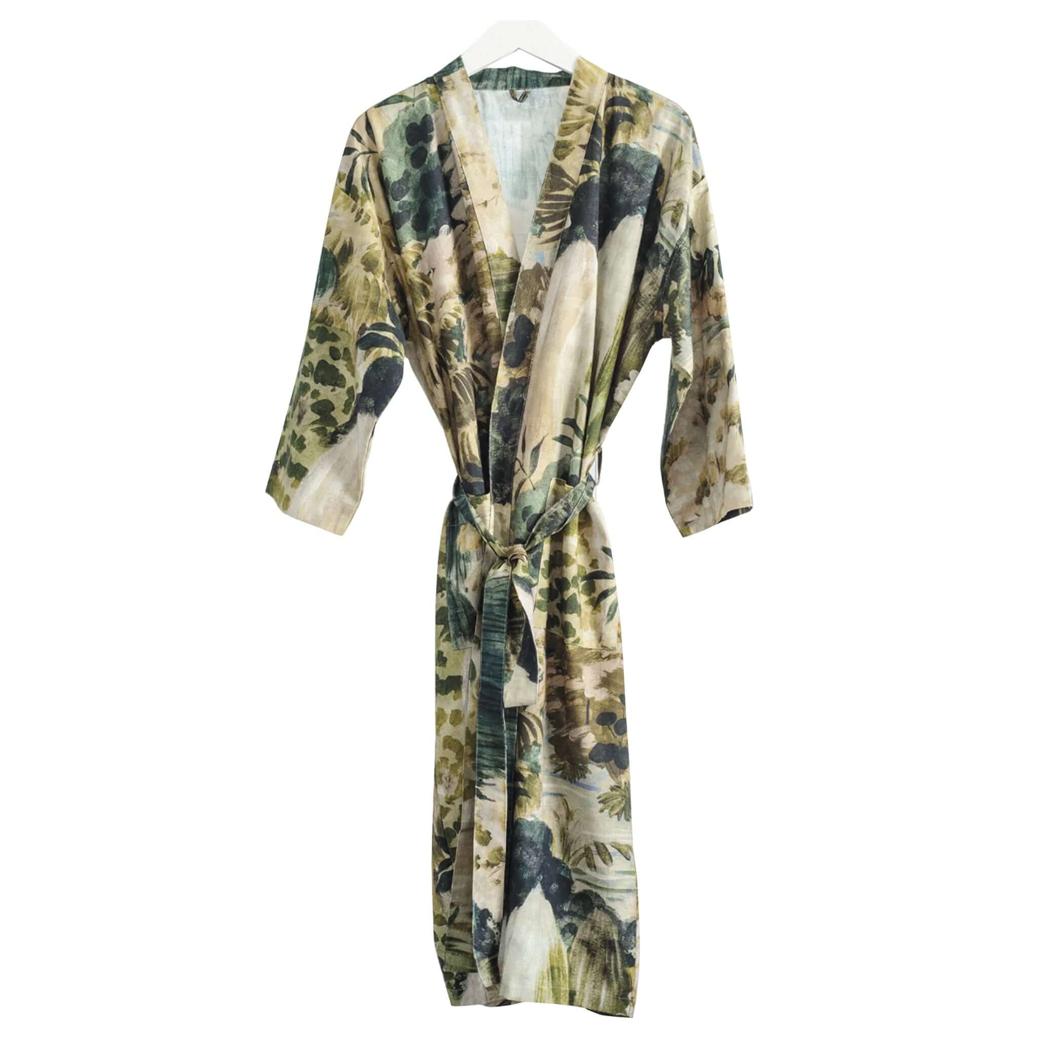 Alt Tag: Bianca Lorenne Floresta Housecoat - Verde wrap-front housecoat in Floresta verde print with tie belt, 3/4 sleeves and pockets