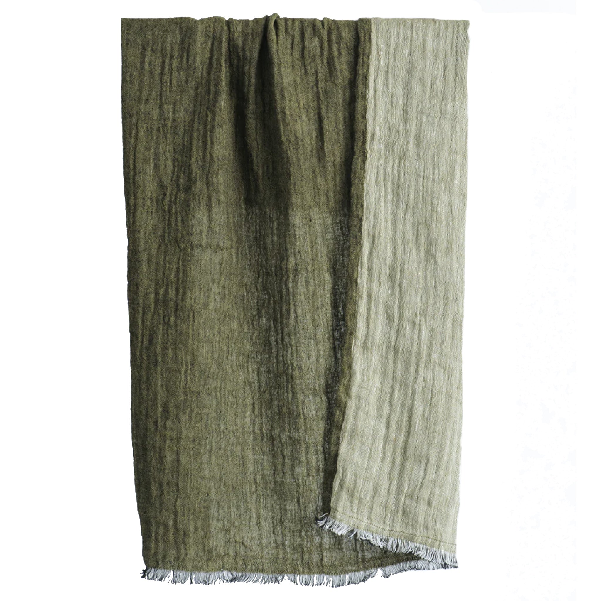 Green and beige hand towel with frayed edges on a white background