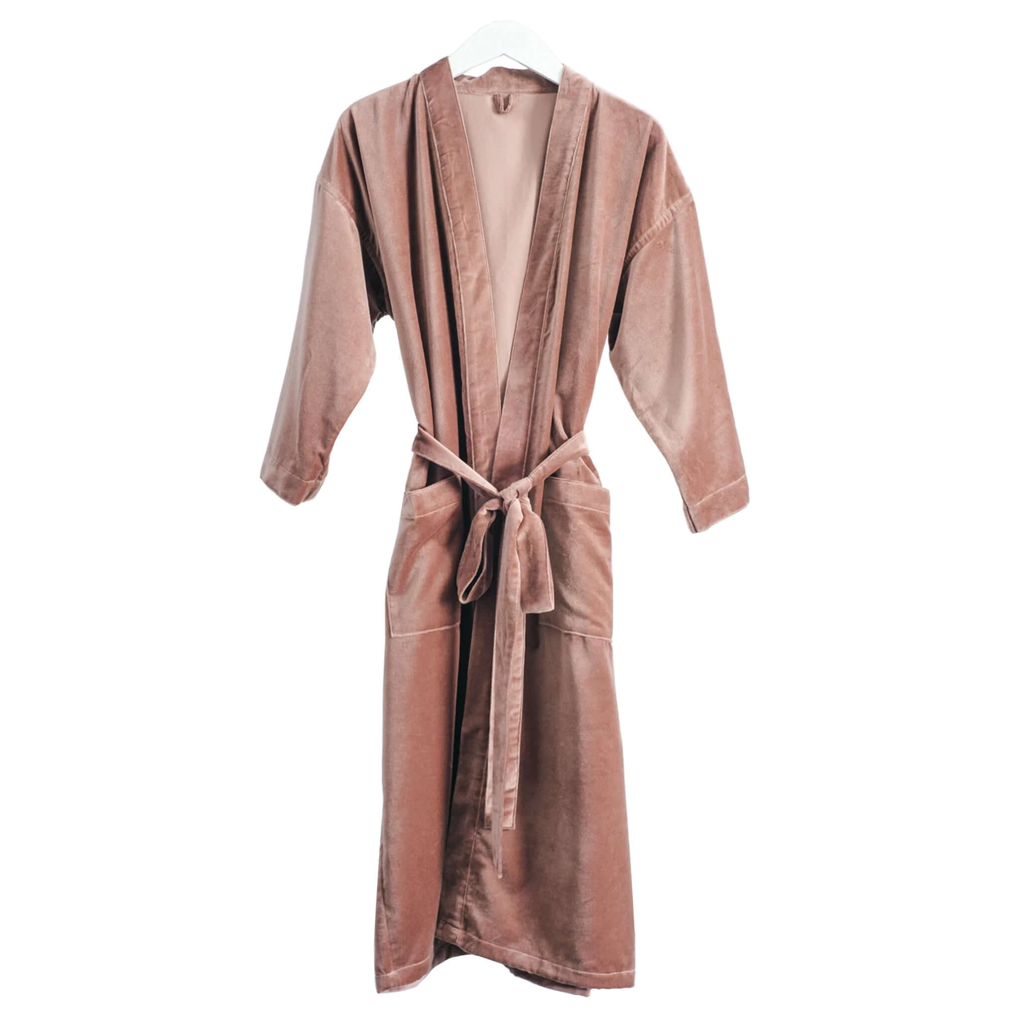 Alt Tag: Bianca Lorenne Nokori Housecoat - Deep Rose plush cotton velvet wrap robe with self-tie belt, long sleeves