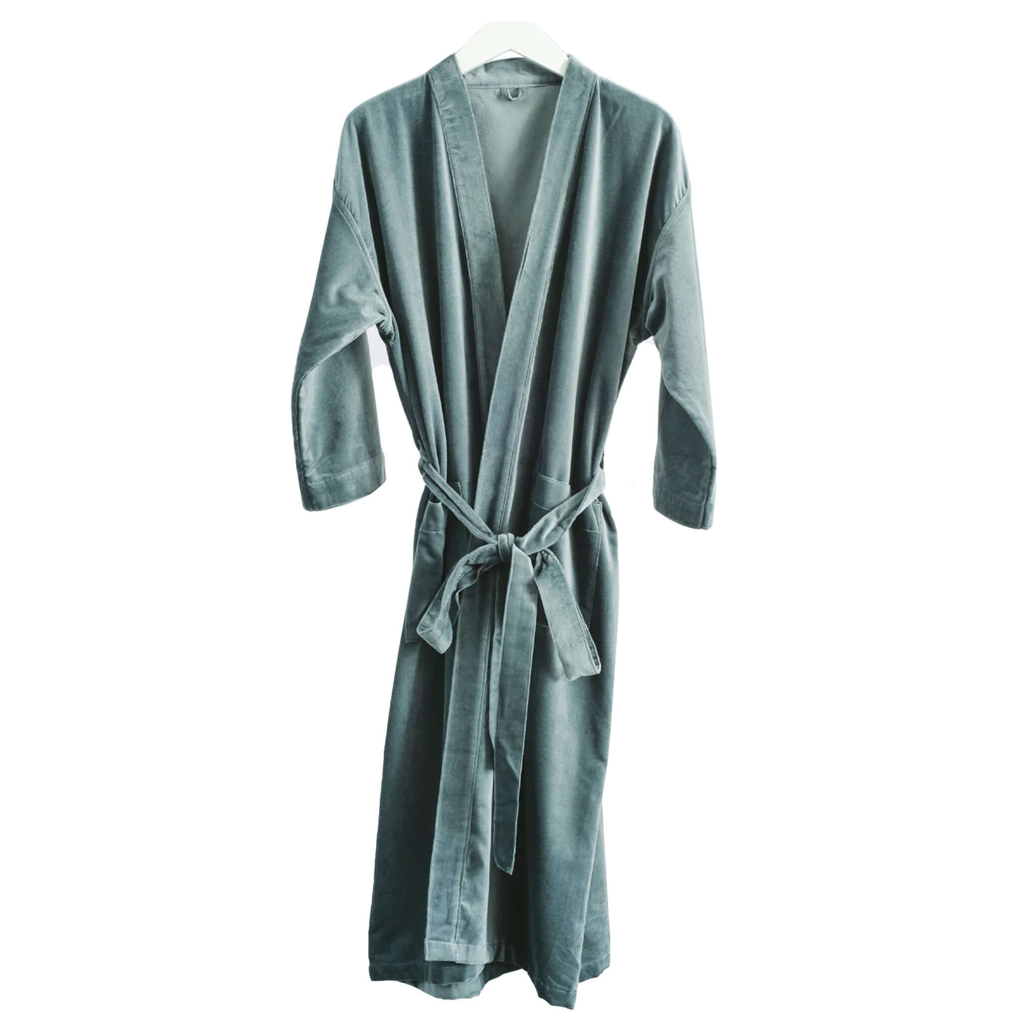 Alt Tag: Bianca Lorenne Nokori Housecoat - Tarn plush cotton velvet wrap robe with self-tie belt, soft warm lounge housecoat