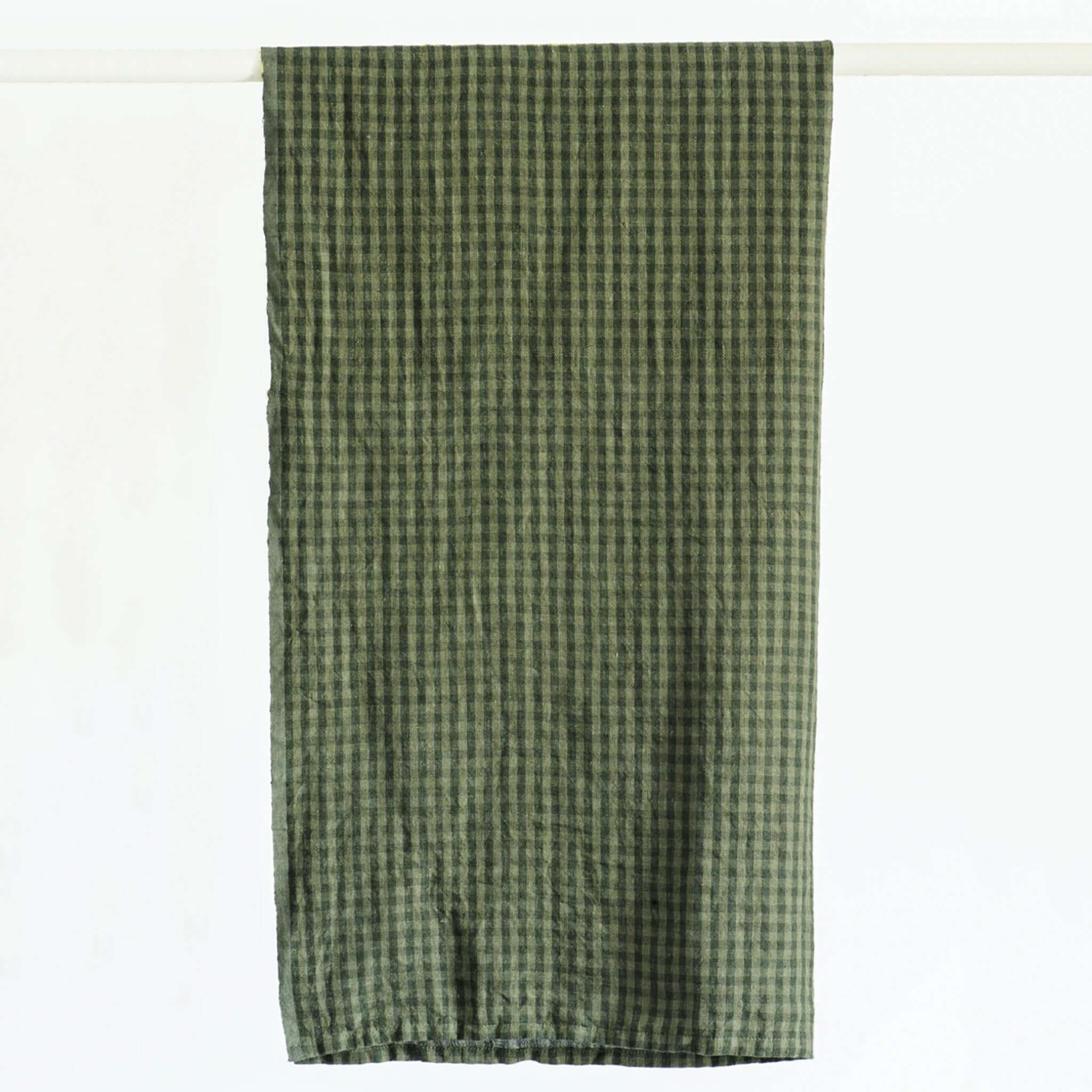 Alt Tag: Bianca Lorenne Linen Tea Towel - Sage Check extra large 100% linen chambray, ultra-absorbent green check tea towel hanging