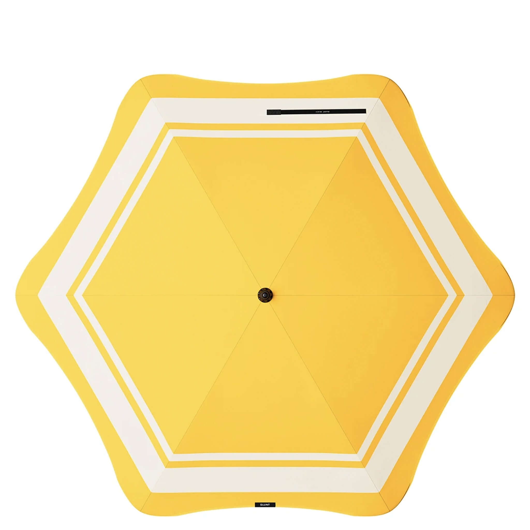 Yellow hexagonal beach umbrella with white border on a white background