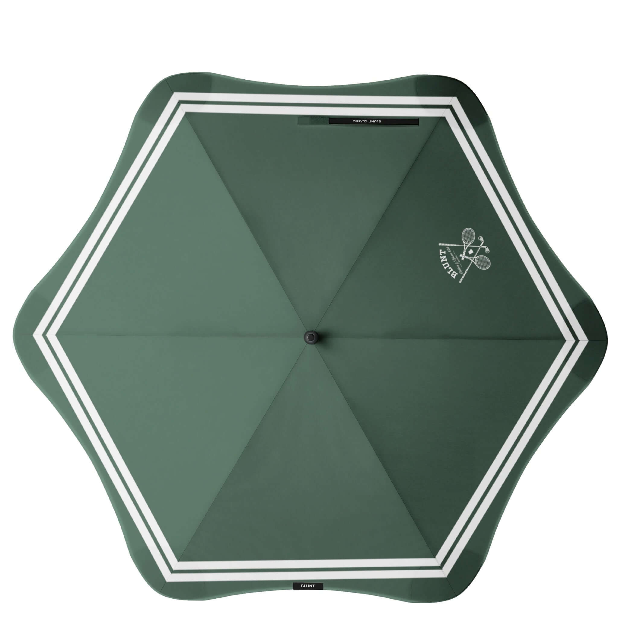 Alt Tag: Blunt Classic Umbrella - Fairway Green Limited Edition forest green golf-inspired classic umbrella with white trim and monogram