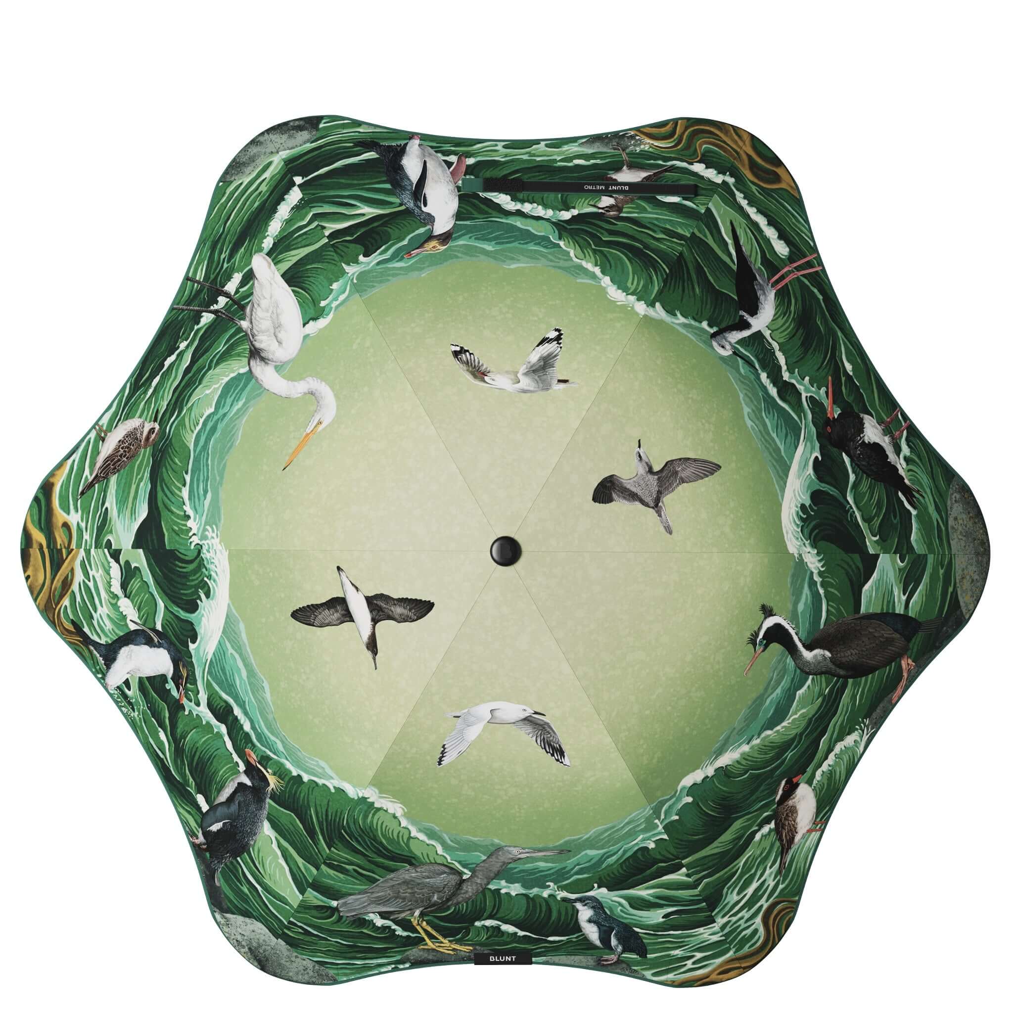 Hexagonal umbrella with bird and nature design on a white background