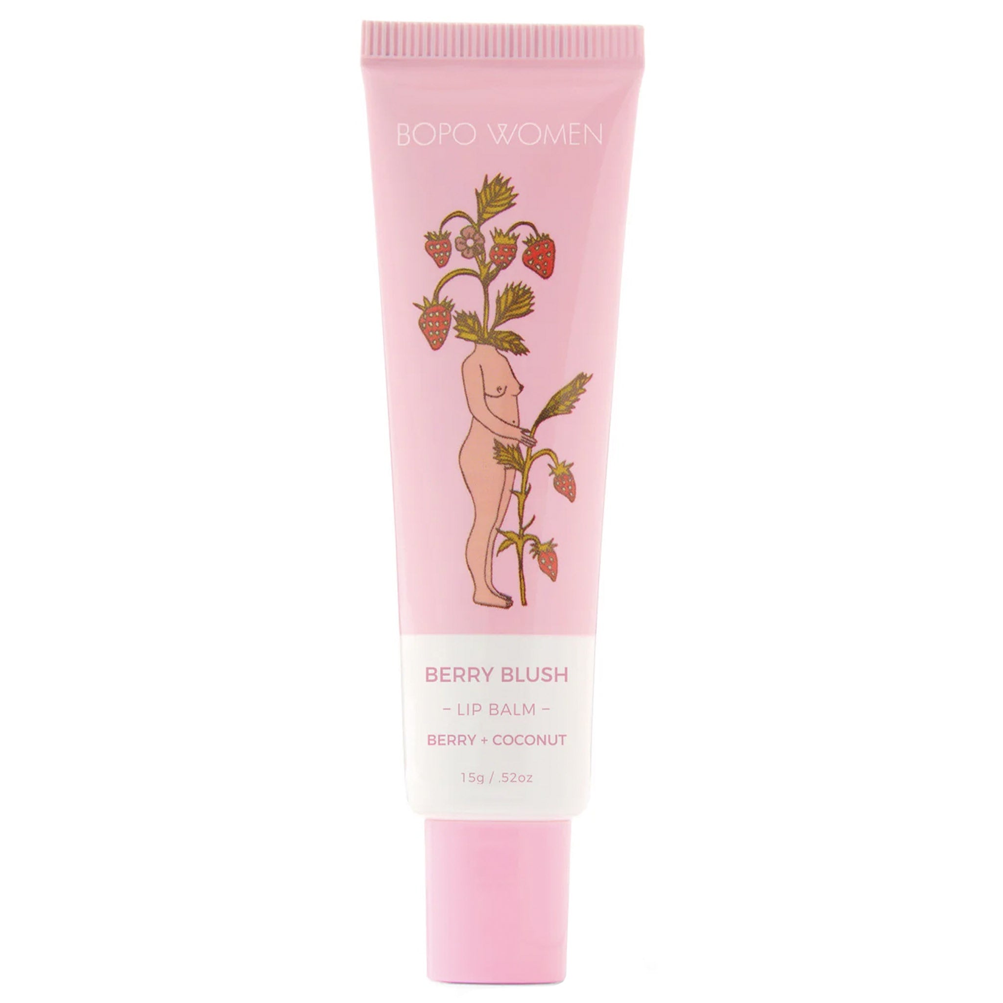 Pink lip balm tube with botanical design on a white background