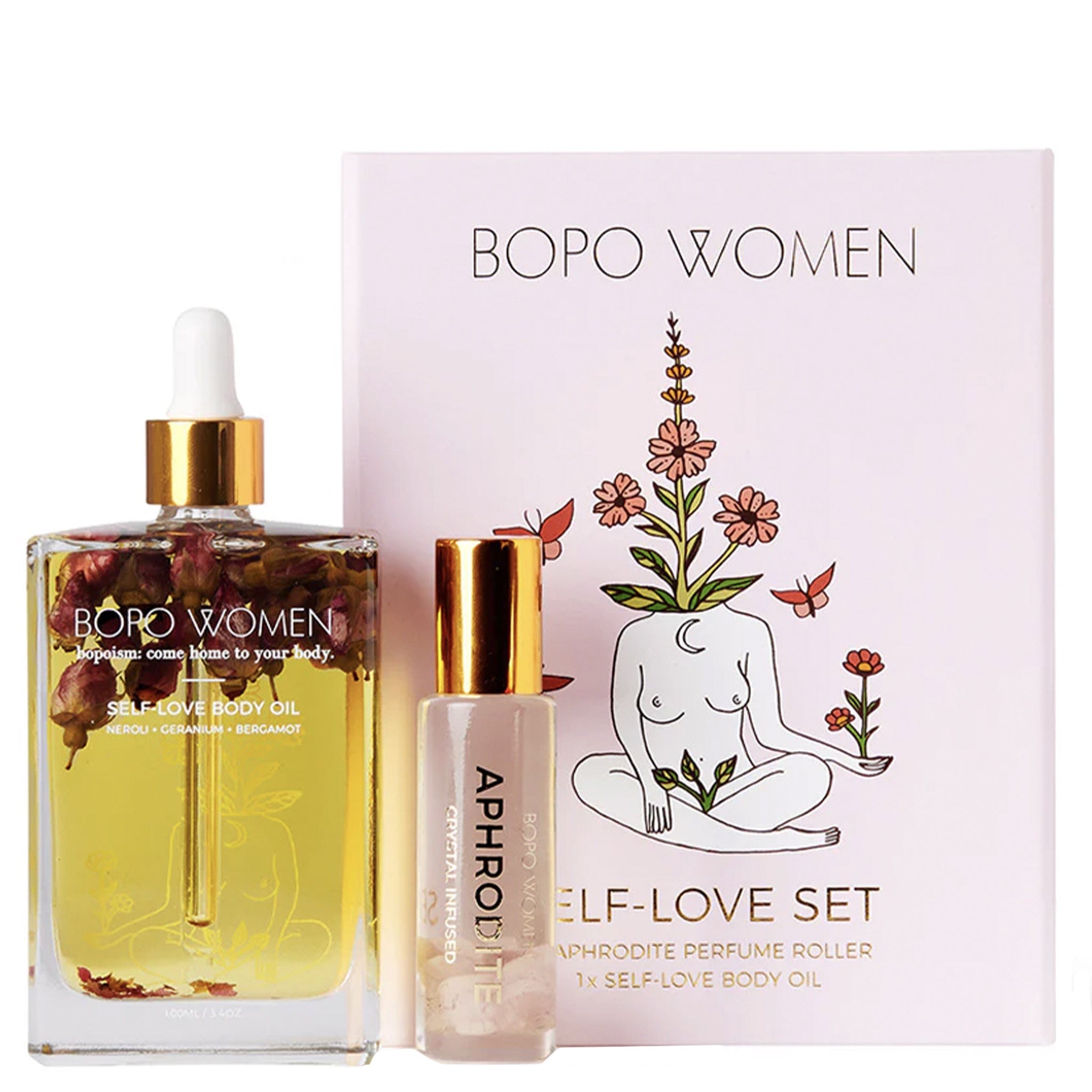 Bopo Women self-love product set with oil and rollerball on a white background